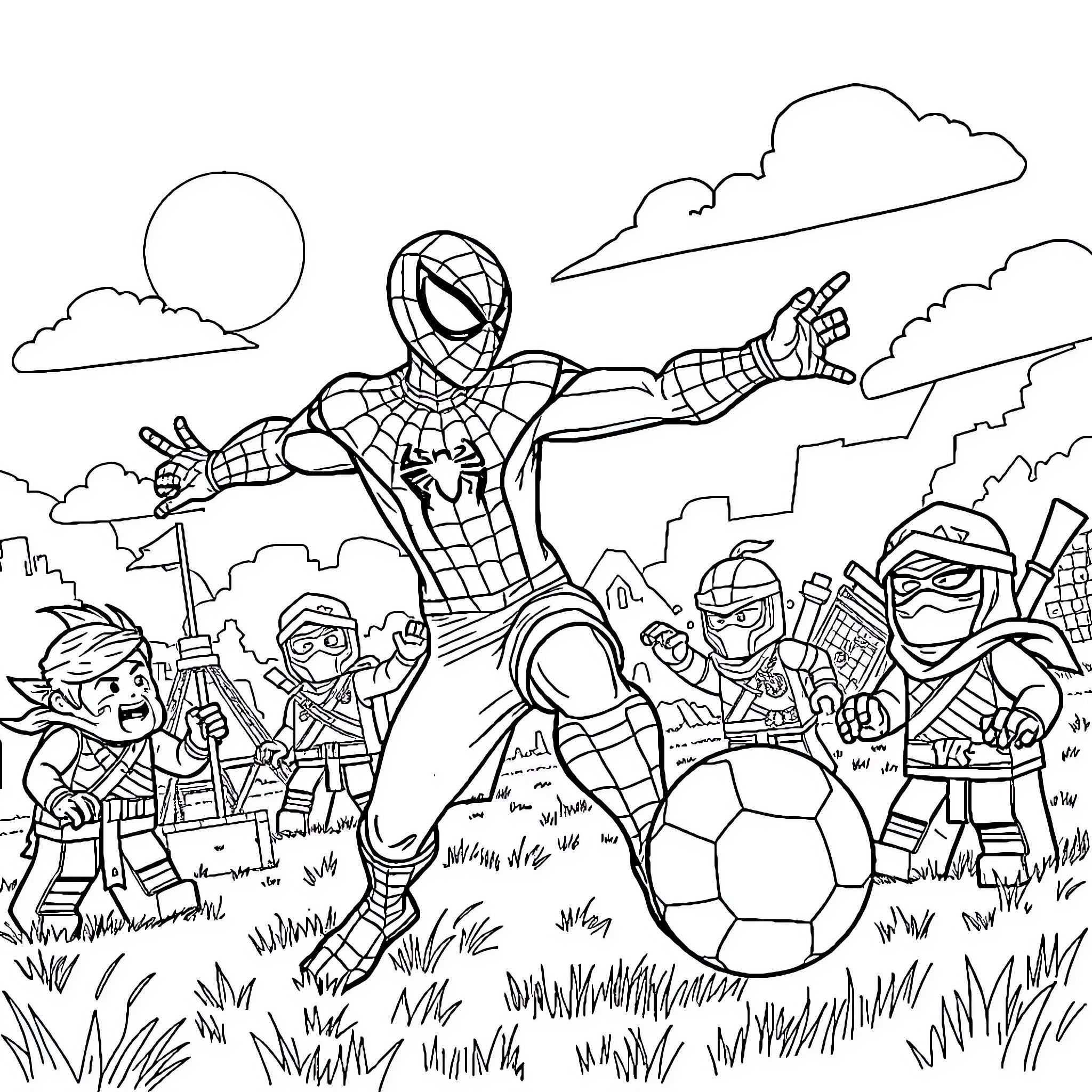 Spiderman Playing Soccer with Friends in the City Coloring Page (free black-and-white line drawing printable PDF for all, from beginners to advanced learners, including children, teens, adults, and seniors)
