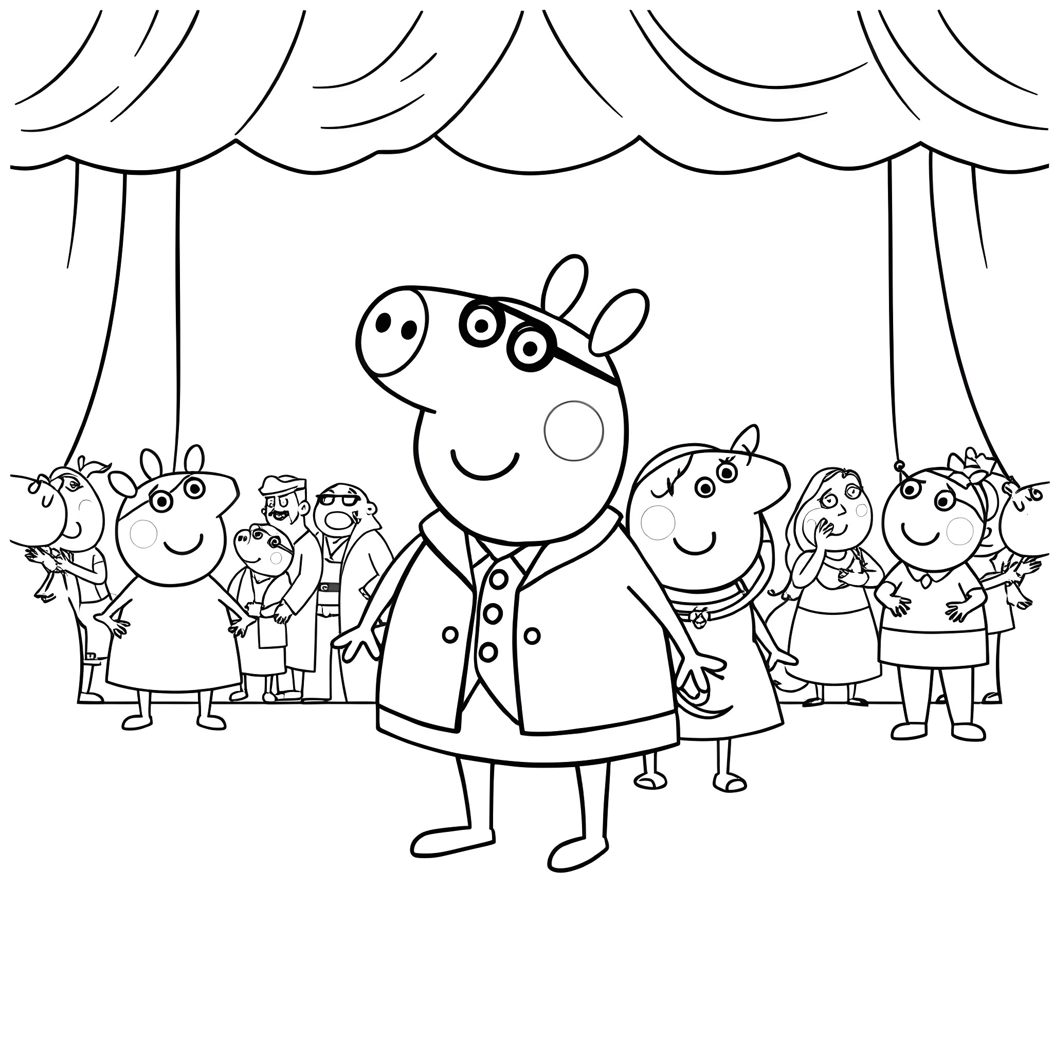 Peppa Pig and friends on stage Coloring Page (free black-and-white line drawing printable PDF for all, from beginners to advanced learners, including children, teens, adults, and seniors)