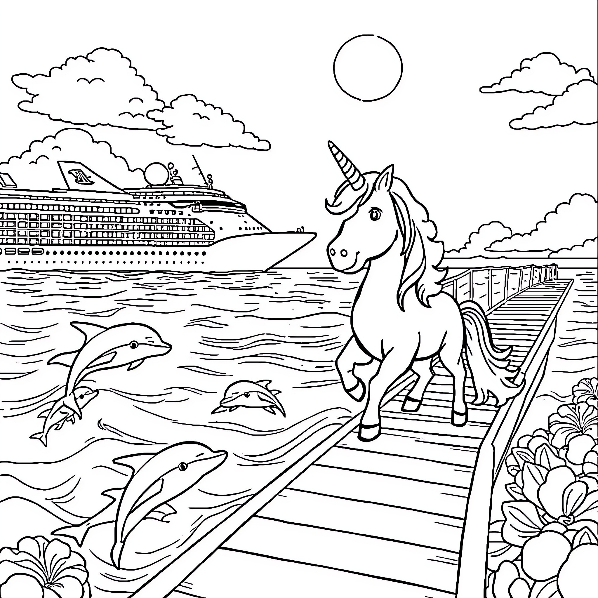 Unicorn exploring a tropical cruise ship landscape Coloring Page (free black-and-white line drawing printable PDF for all, from beginners to advanced learners, including children, teens, adults, and seniors)