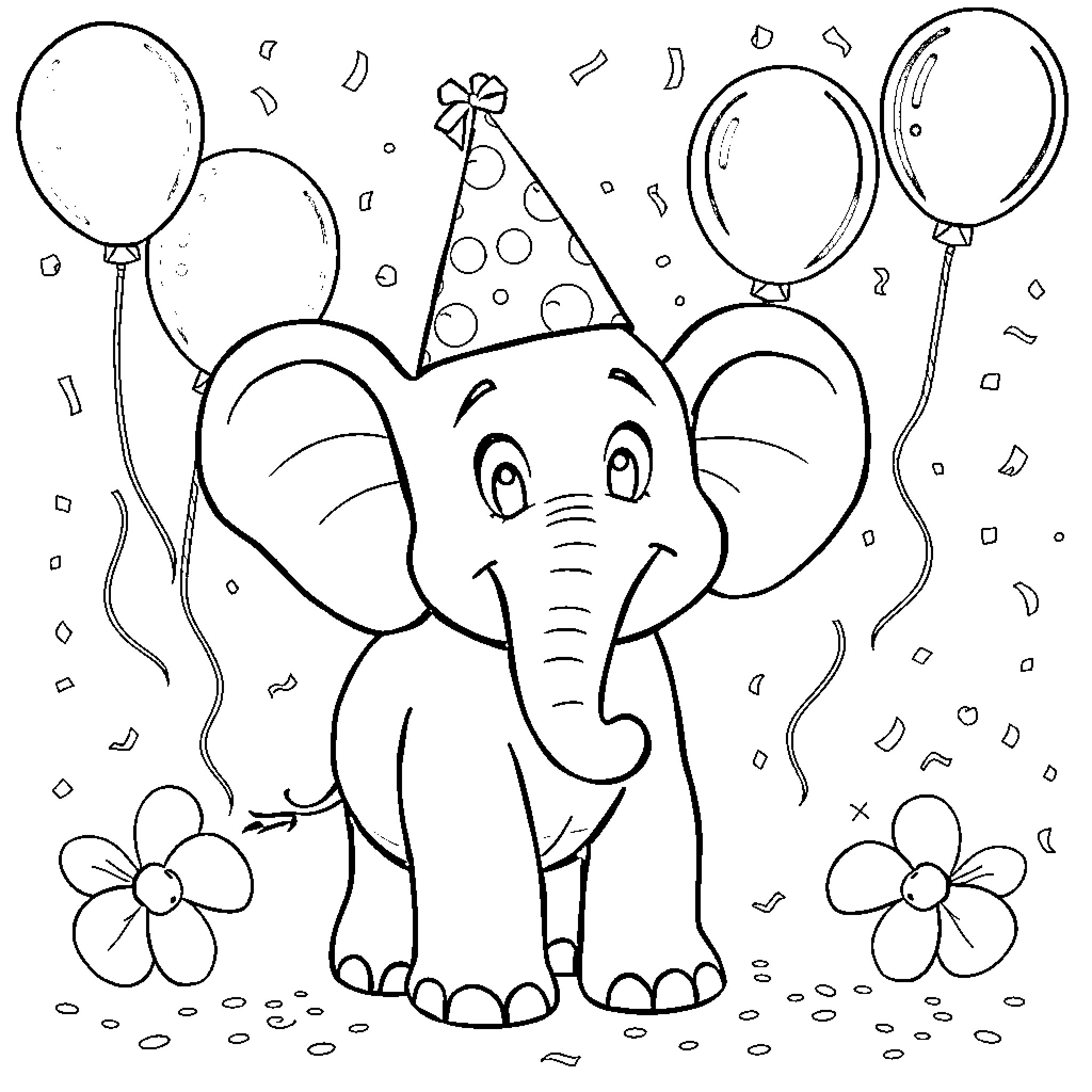 Elephant celebrating with party hat and balloons Coloring Page (free black-and-white line drawing printable PDF for all, from beginners to advanced learners, including children, teens, adults, and seniors)