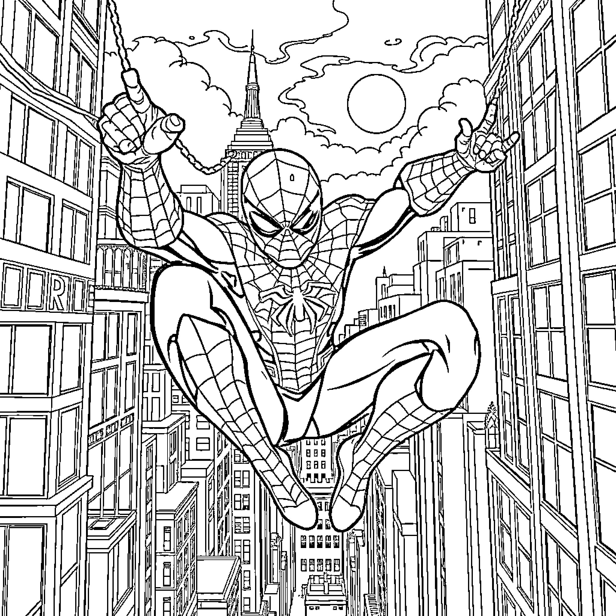 Spiderman swinging through the city skyline Coloring Page (free black-and-white line drawing printable PDF for all, from beginners to advanced learners, including children, teens, adults, and seniors)