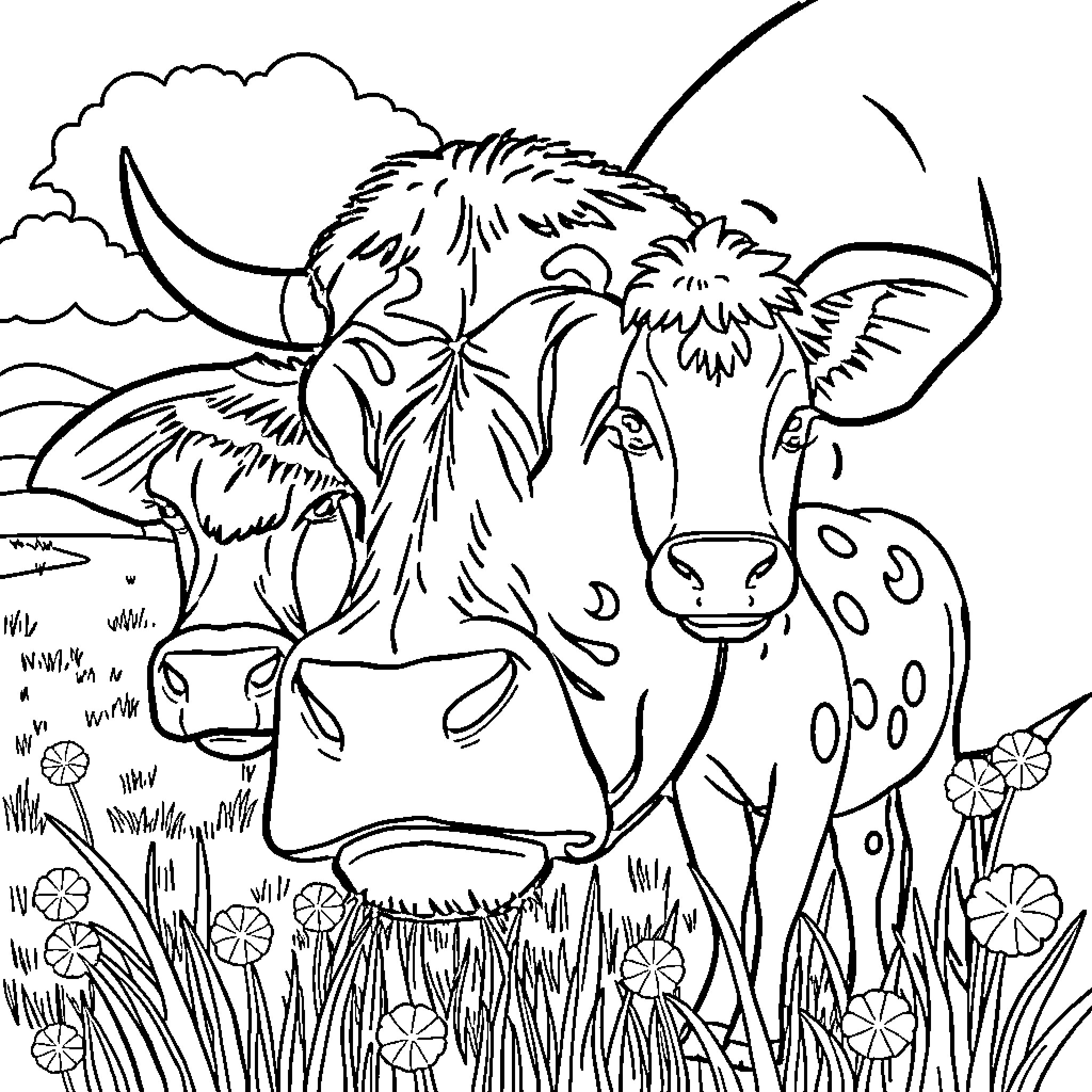 Farm Animal Grazing in Pasture with Flowers Coloring Page (free black-and-white line drawing printable PDF for all, from beginners to advanced learners, including children, teens, adults, and seniors)