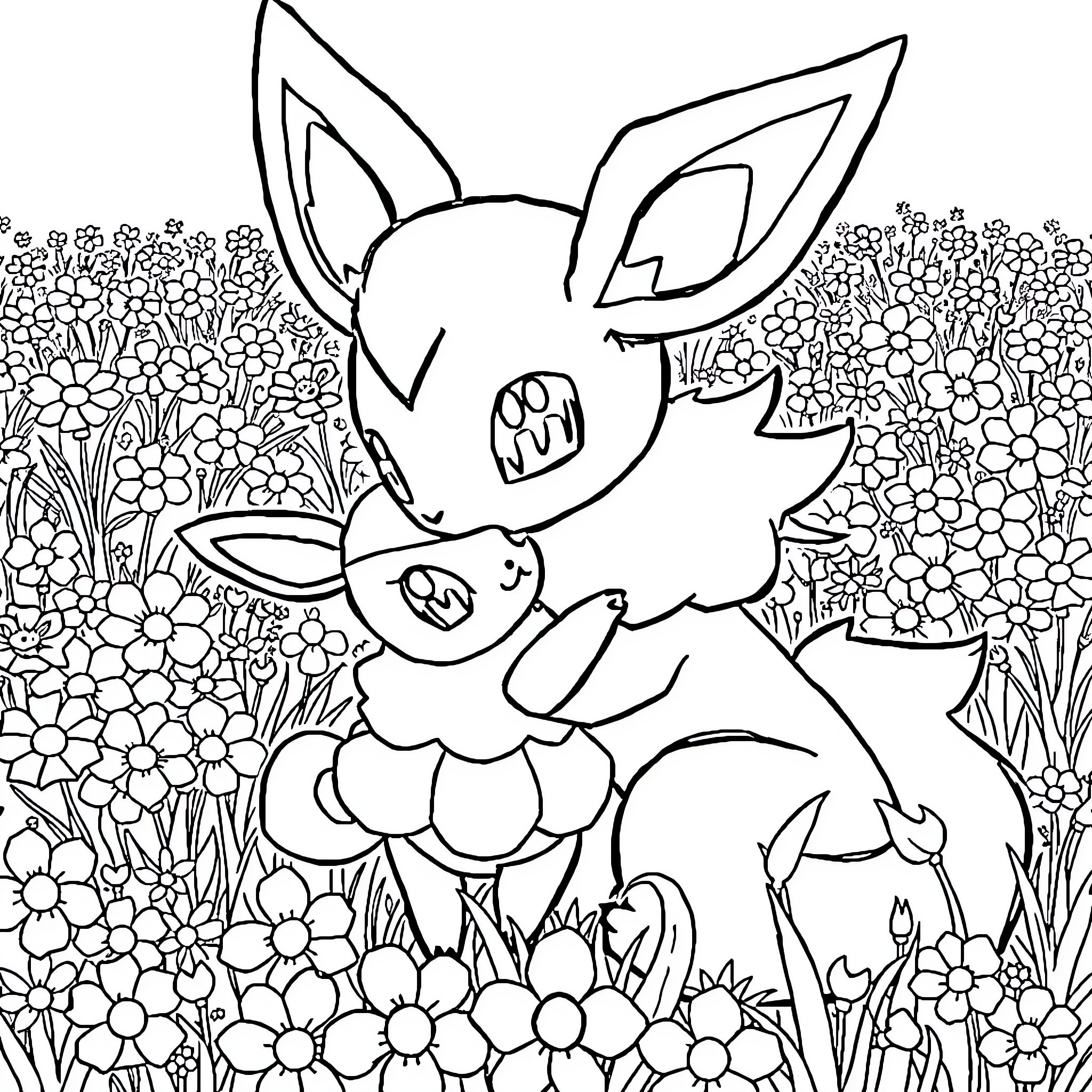 Umbreon and Espeon playing in a flowery field Coloring Page (free black-and-white line drawing printable PDF for all, from beginners to advanced learners, including children, teens, adults, and seniors)