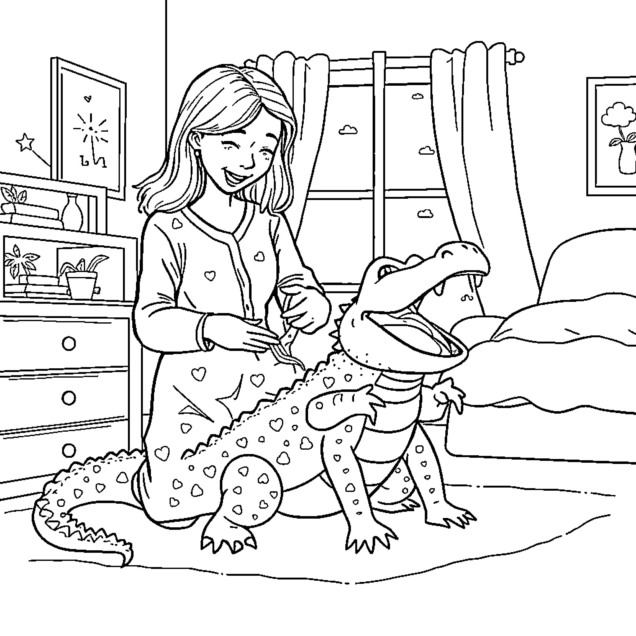 Alligator playing with a young girl indoors Coloring Page (free black-and-white line drawing printable PDF for all, from beginners to advanced learners, including children, teens, adults, and seniors)