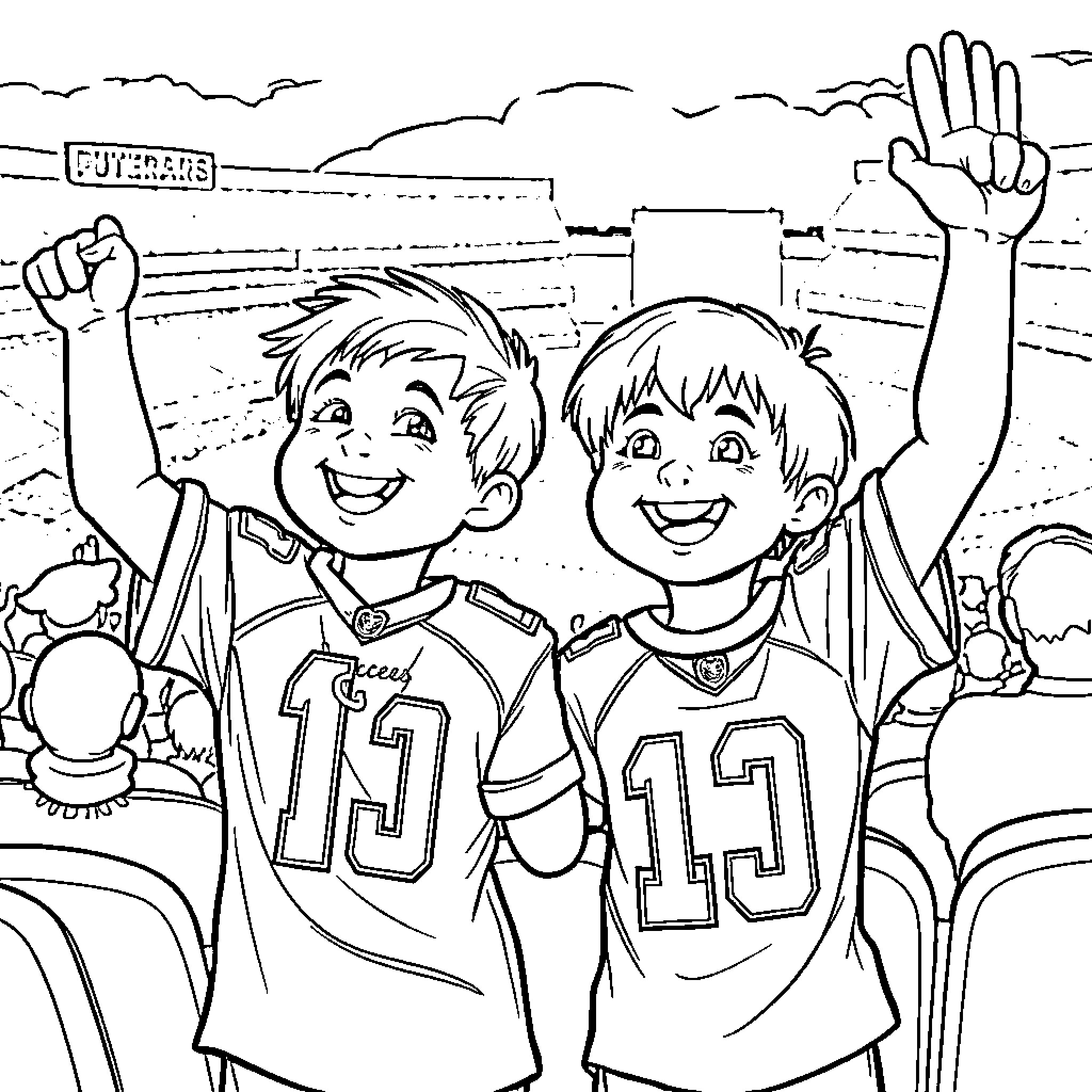 Kid athletes cheering and waving on sports field Coloring Page (free black-and-white line drawing printable PDF for all, from beginners to advanced learners, including children, teens, adults, and seniors)