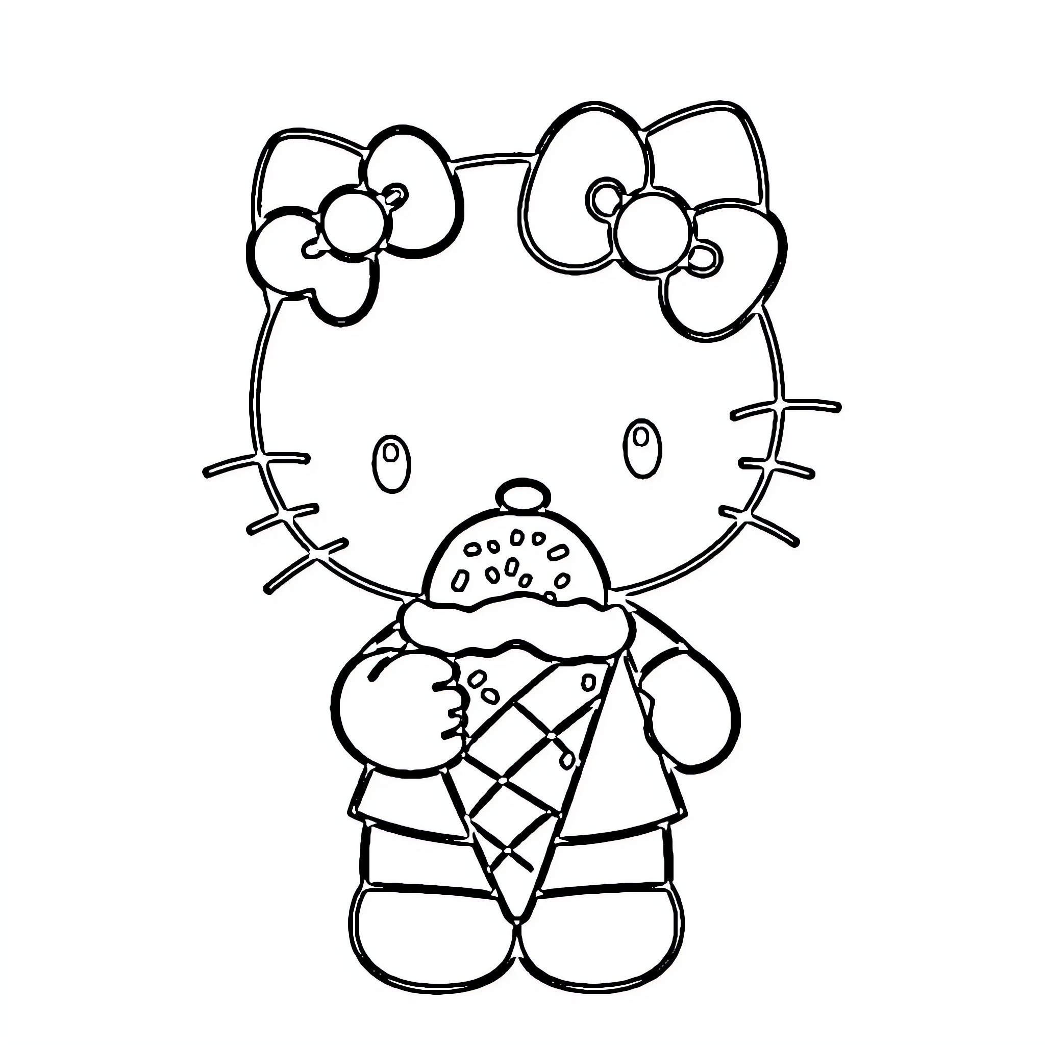 Hello Kitty enjoying an ice cream treat Coloring Page (free black-and-white line drawing printable PDF for all, from beginners to advanced learners, including children, teens, adults, and seniors)