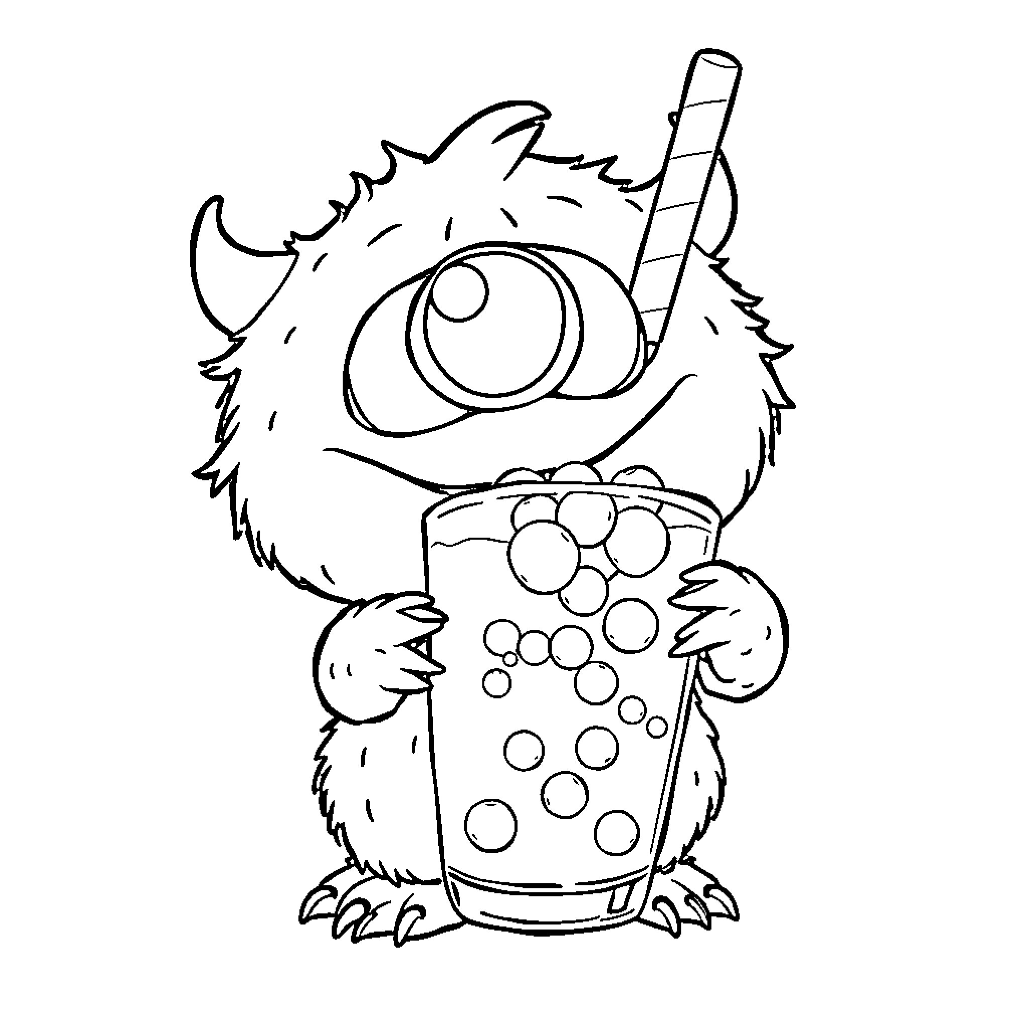 Monster drinking a bubbly beverage Coloring Page (free black-and-white line drawing printable PDF for all, from beginners to advanced learners, including children, teens, adults, and seniors)