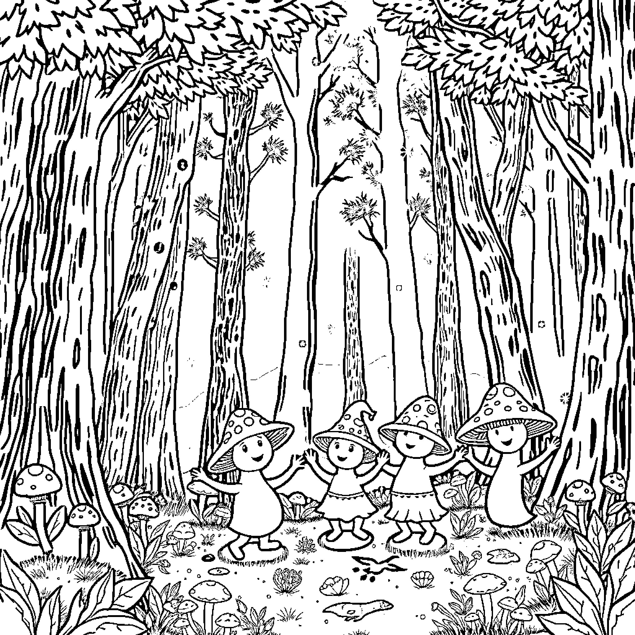 Mushroom Creatures Exploring the Enchanted Forest Coloring Page (free black-and-white line drawing printable PDF for all, from beginners to advanced learners, including children, teens, adults, and seniors)