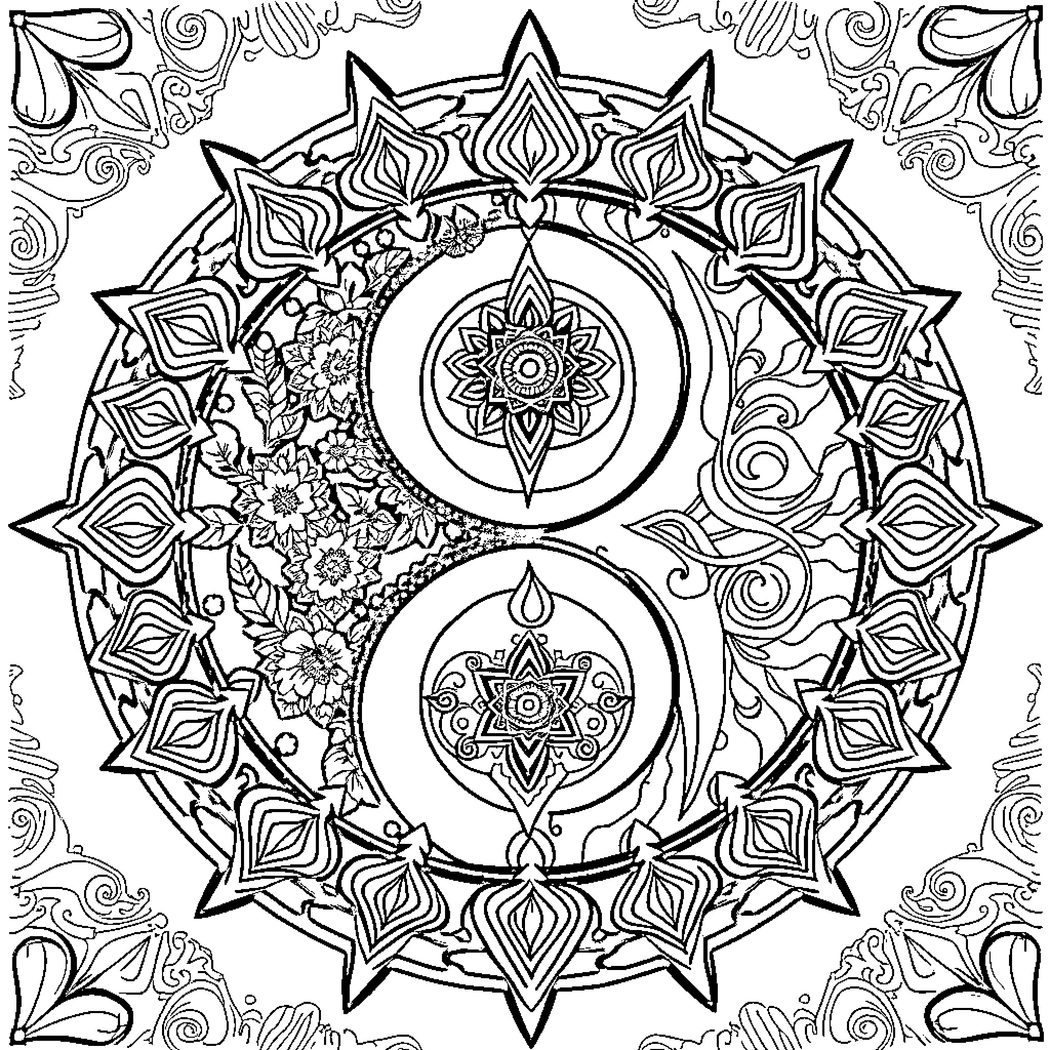 Yin Yang Mandala: Intricate Geometric Patterns Coloring Page (free black-and-white line drawing printable PDF for all, from beginners to advanced learners, including children, teens, adults, and seniors)