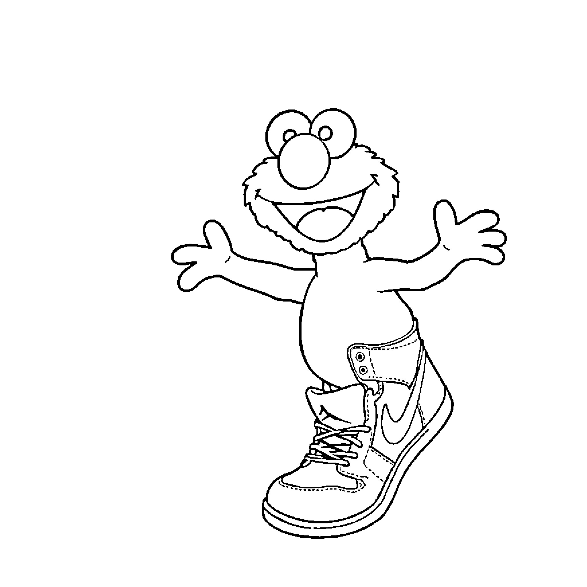 Elmo happily jumping in big sneakers Coloring Page (free black-and-white line drawing printable PDF for all, from beginners to advanced learners, including children, teens, adults, and seniors)