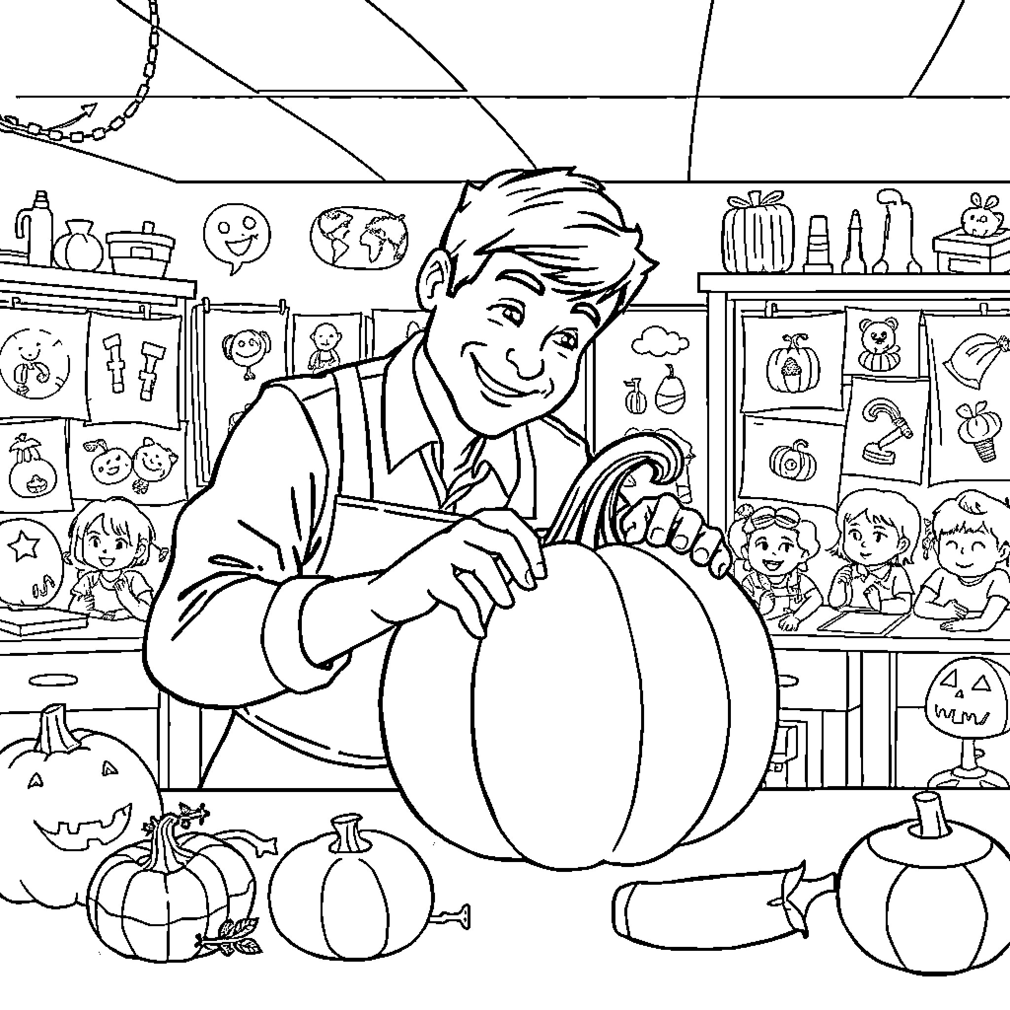 Teacher presenting pumpkin to students in classroom Coloring Page (free black-and-white line drawing printable PDF for all, from beginners to advanced learners, including children, teens, adults, and seniors)