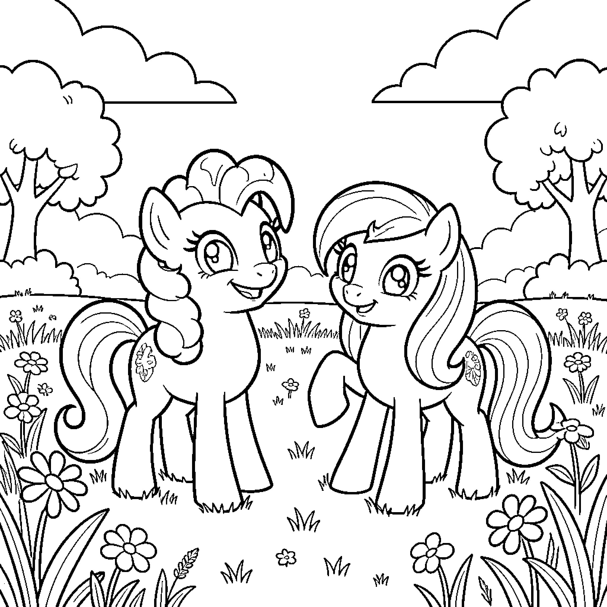 My Little Pony characters smiling in a flowery meadow Coloring Page (free black-and-white line drawing printable PDF for all, from beginners to advanced learners, including children, teens, adults, and seniors)