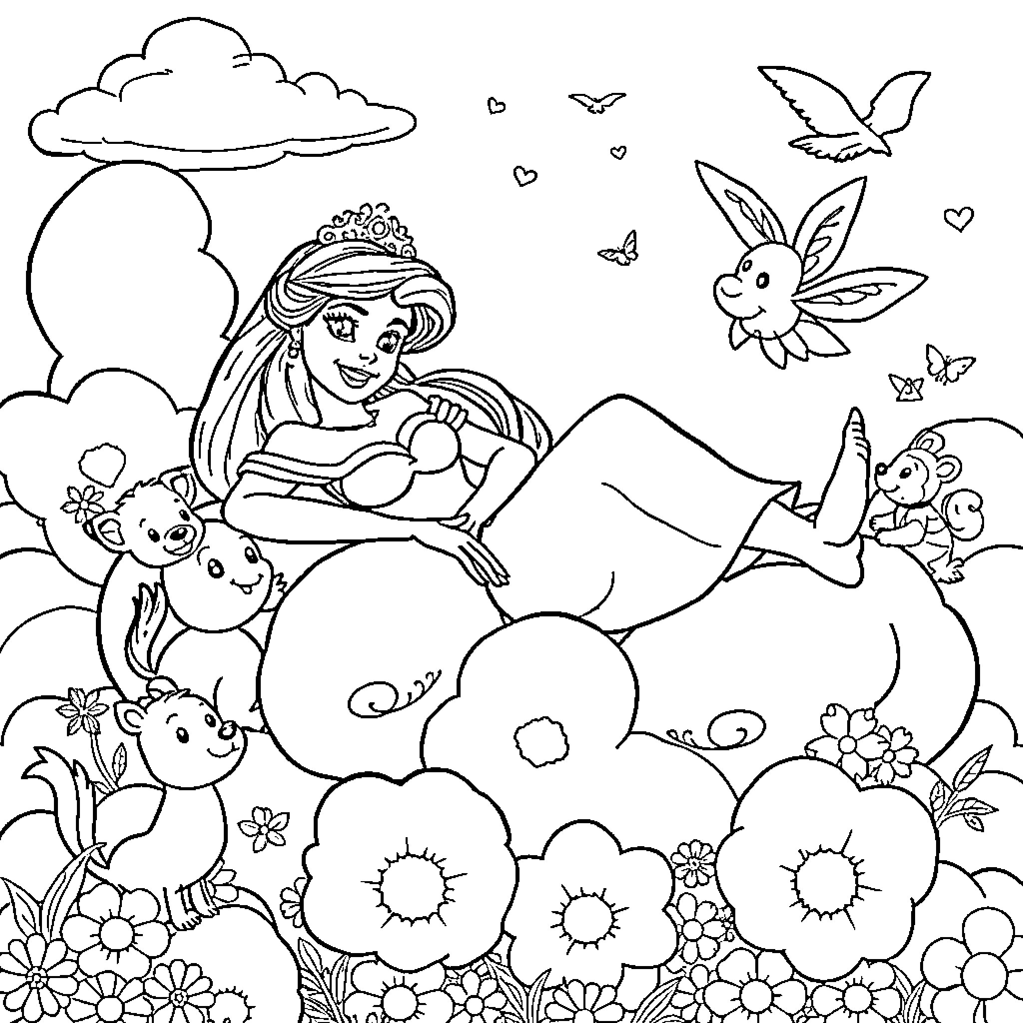 Disney Princess enjoying a peaceful nature scene Coloring Page (free black-and-white line drawing printable PDF for all, from beginners to advanced learners, including children, teens, adults, and seniors)