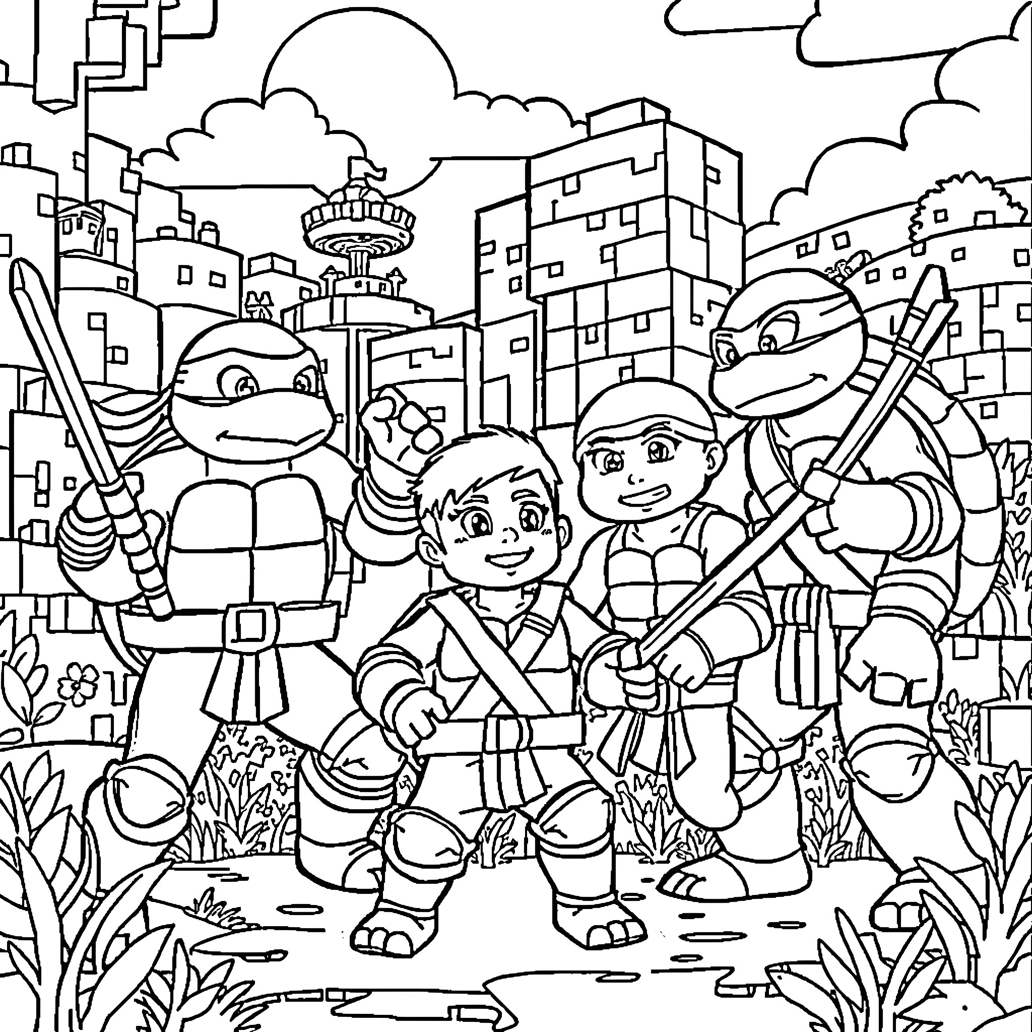 Ninja Turtle heroes in action against city backdrop Coloring Page (free black-and-white line drawing printable PDF for all, from beginners to advanced learners, including children, teens, adults, and seniors)