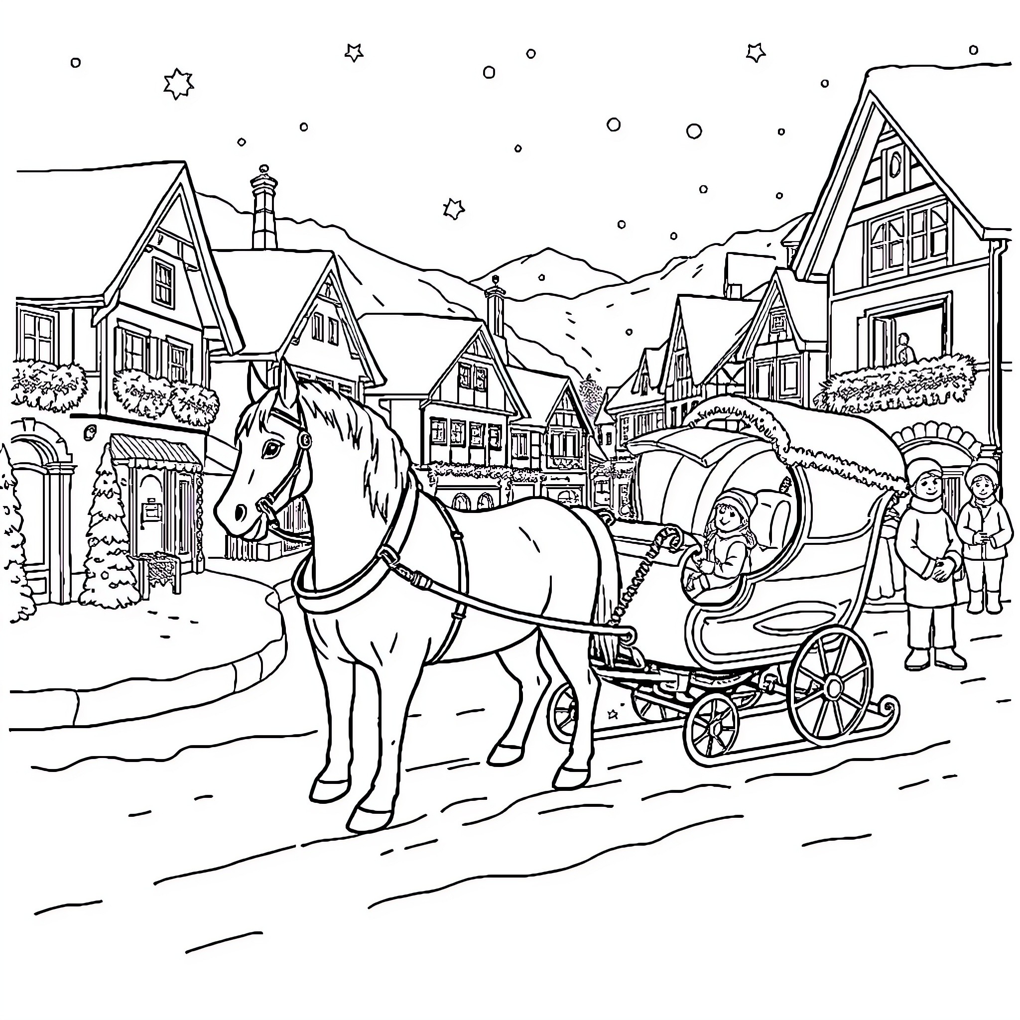 Sleigh ride through a snowy village Coloring Page (free black-and-white line drawing printable PDF for all, from beginners to advanced learners, including children, teens, adults, and seniors)