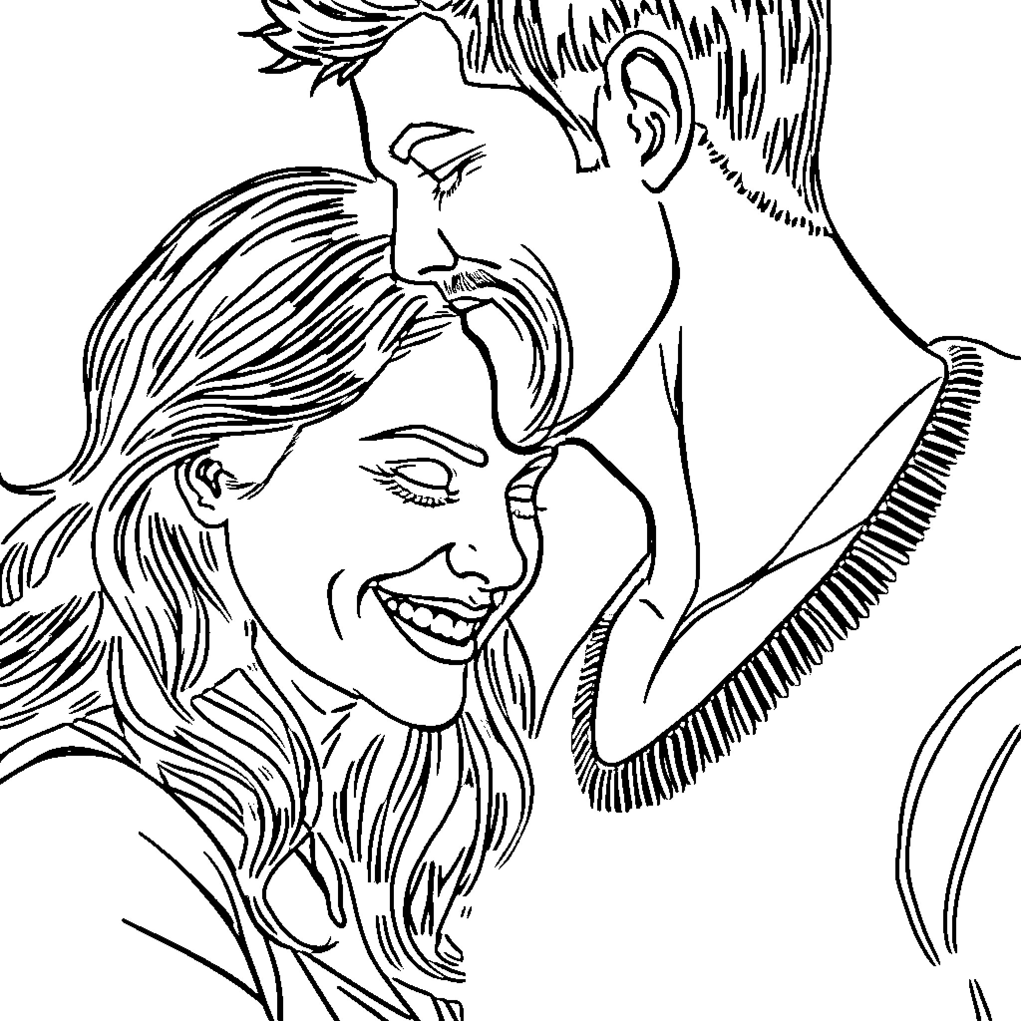 Woman in tender embrace with man Coloring Page (free black-and-white line drawing printable PDF for all, from beginners to advanced learners, including children, teens, adults, and seniors)