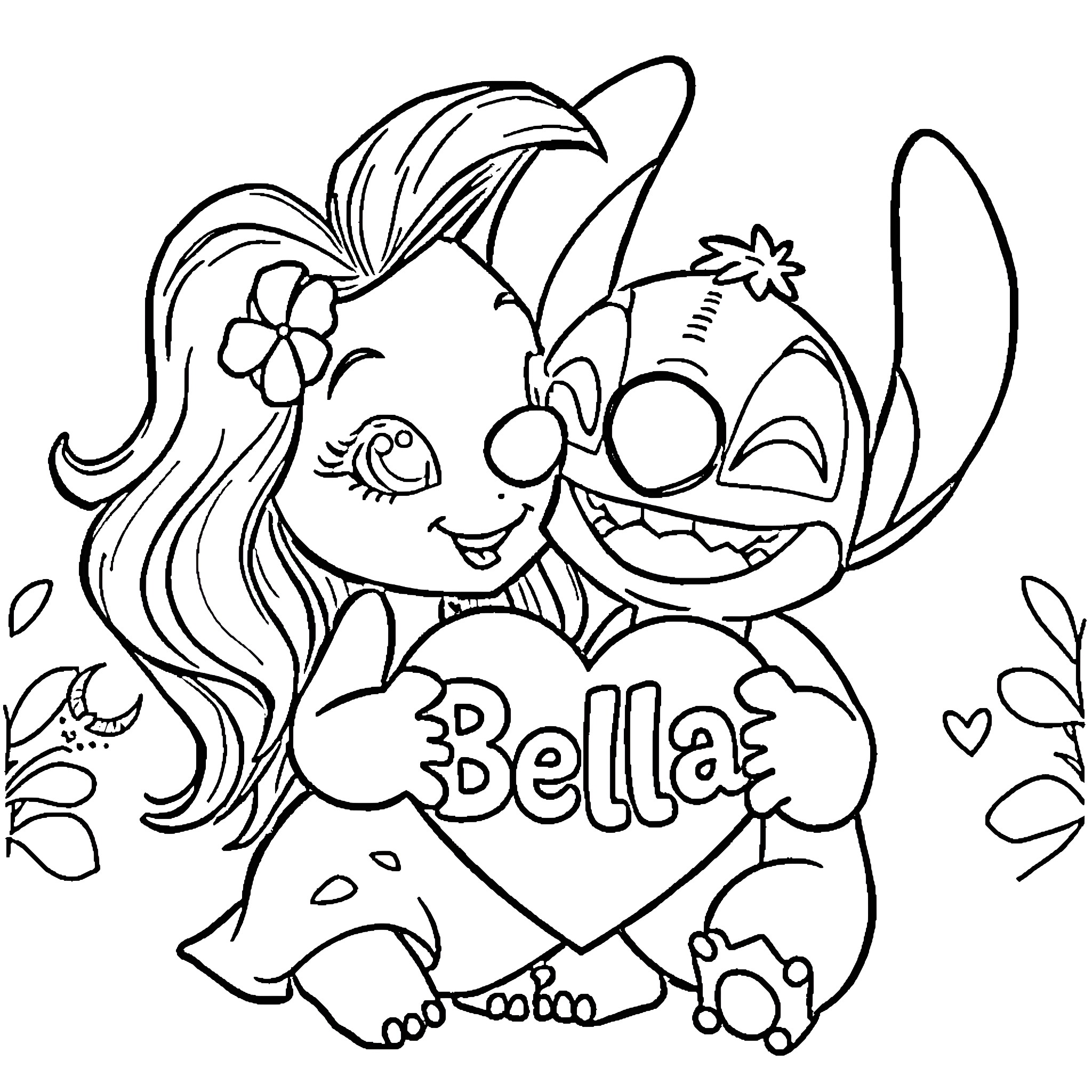 Lilo and Stitch's Playful Friendship Coloring Page (free black-and-white line drawing printable PDF for all, from beginners to advanced learners, including children, teens, adults, and seniors)