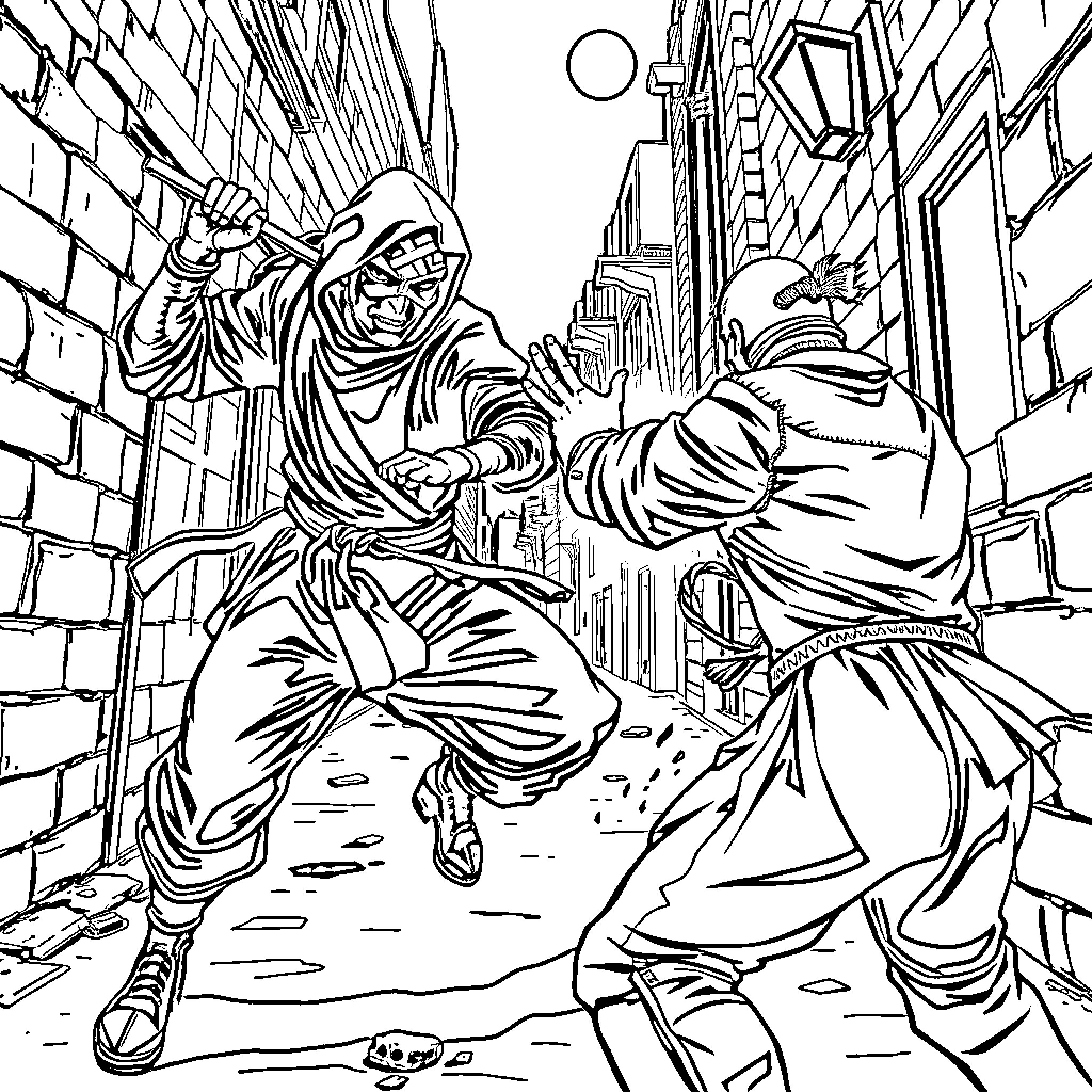 Ninja warriors clashing in an urban alley Coloring Page (free black-and-white line drawing printable PDF for all, from beginners to advanced learners, including children, teens, adults, and seniors)