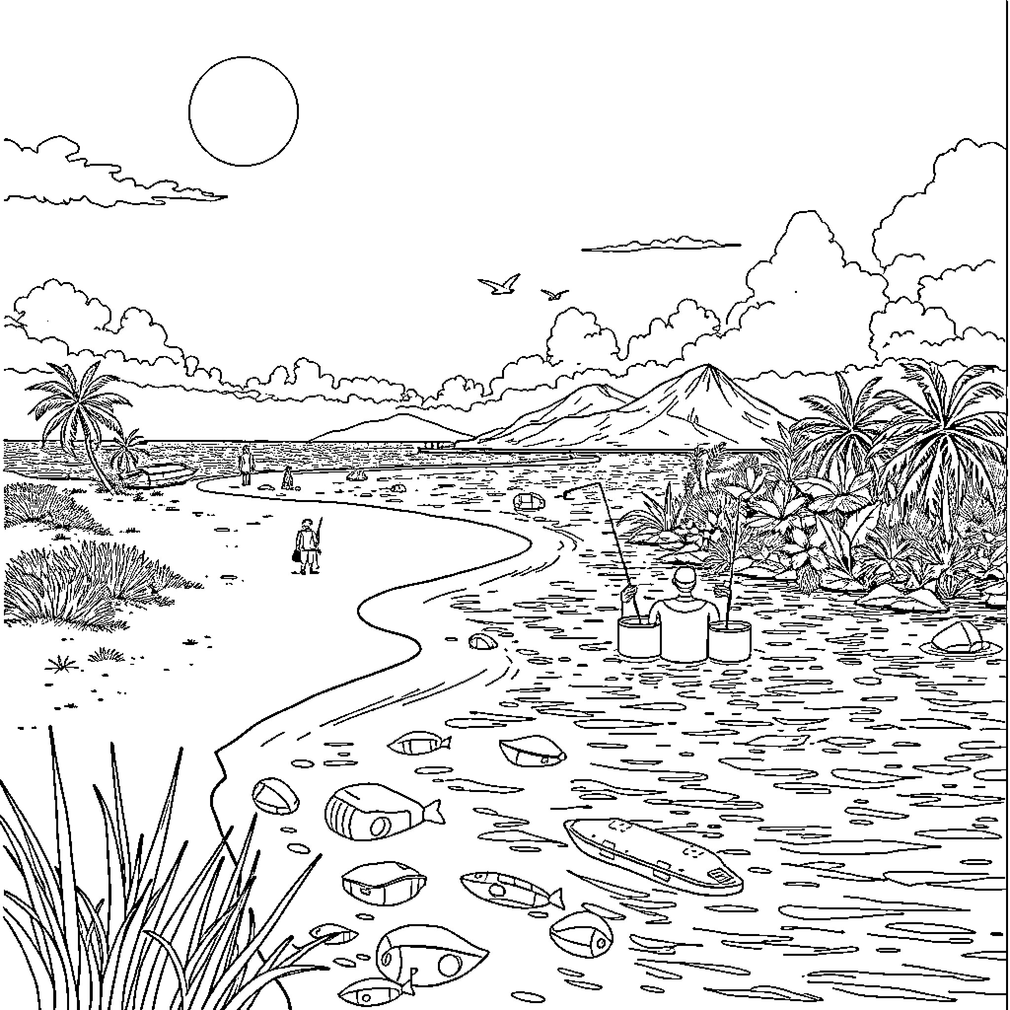 Island Seascape with Palm Trees and Fishing Boats Coloring Page (free black-and-white line drawing printable PDF for all, from beginners to advanced learners, including children, teens, adults, and seniors)