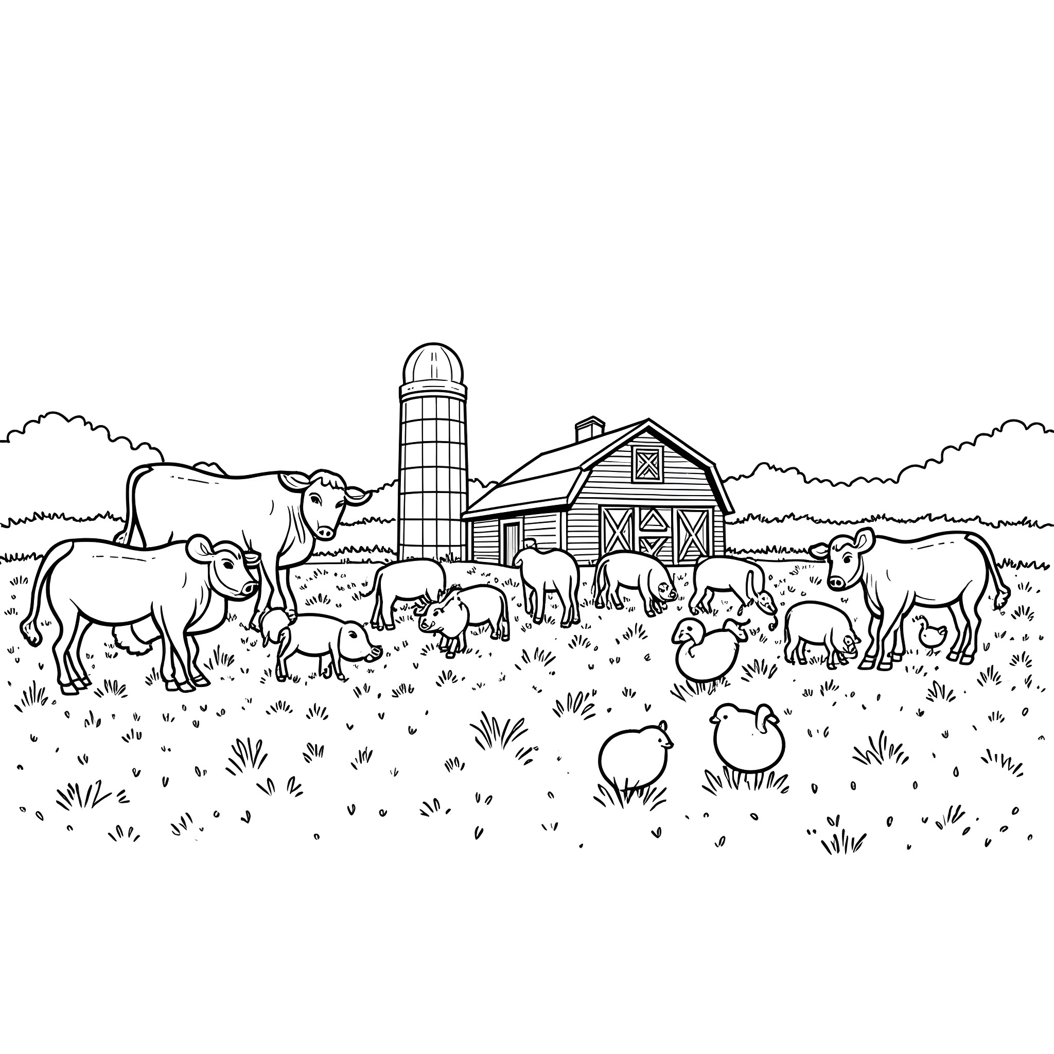 Farm animals grazing peacefully near a rustic barn Coloring Page (free black-and-white line drawing printable PDF for all, from beginners to advanced learners, including children, teens, adults, and seniors)