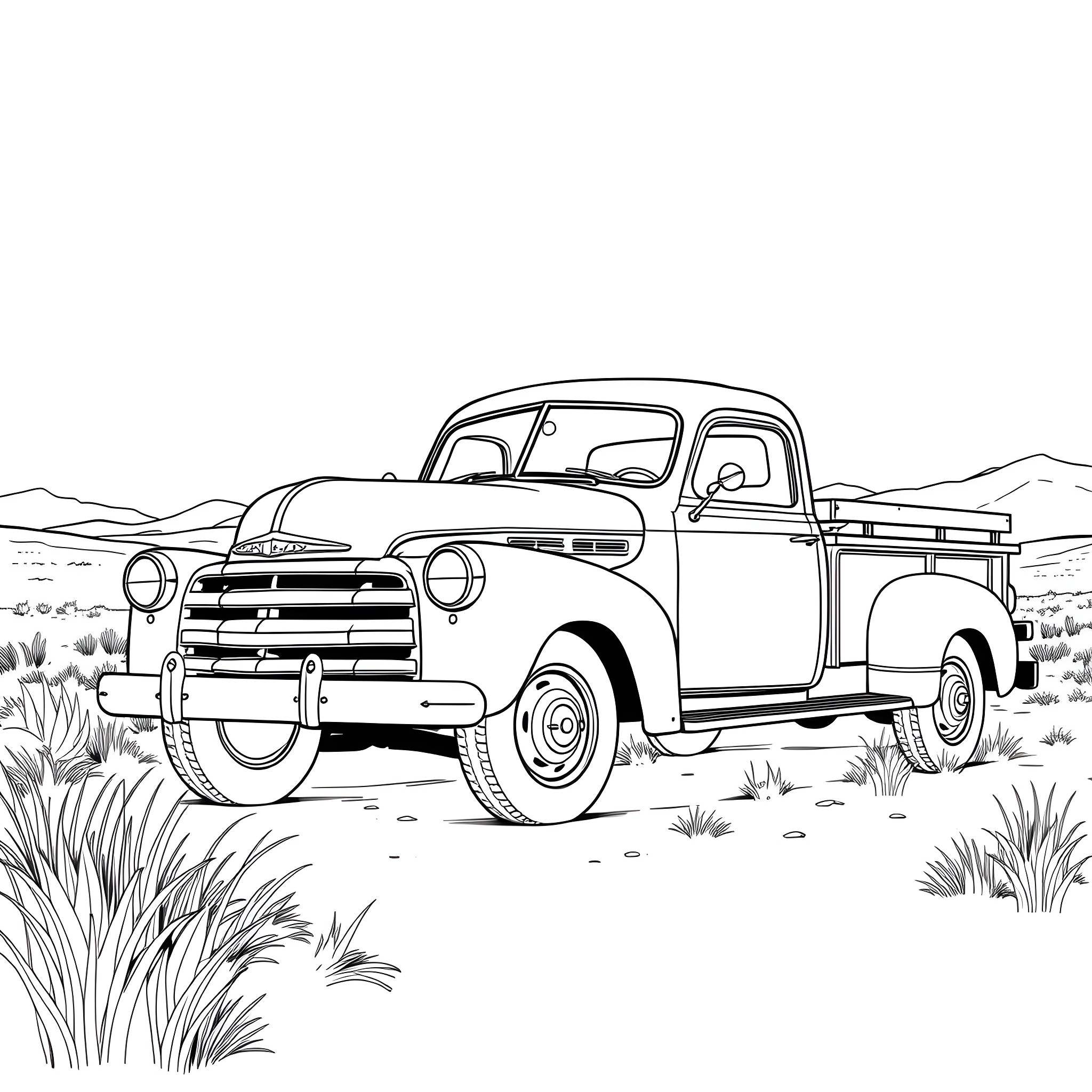 Truck parked in grassy countryside Coloring Page (free black-and-white line drawing printable PDF for all, from beginners to advanced learners, including children, teens, adults, and seniors)