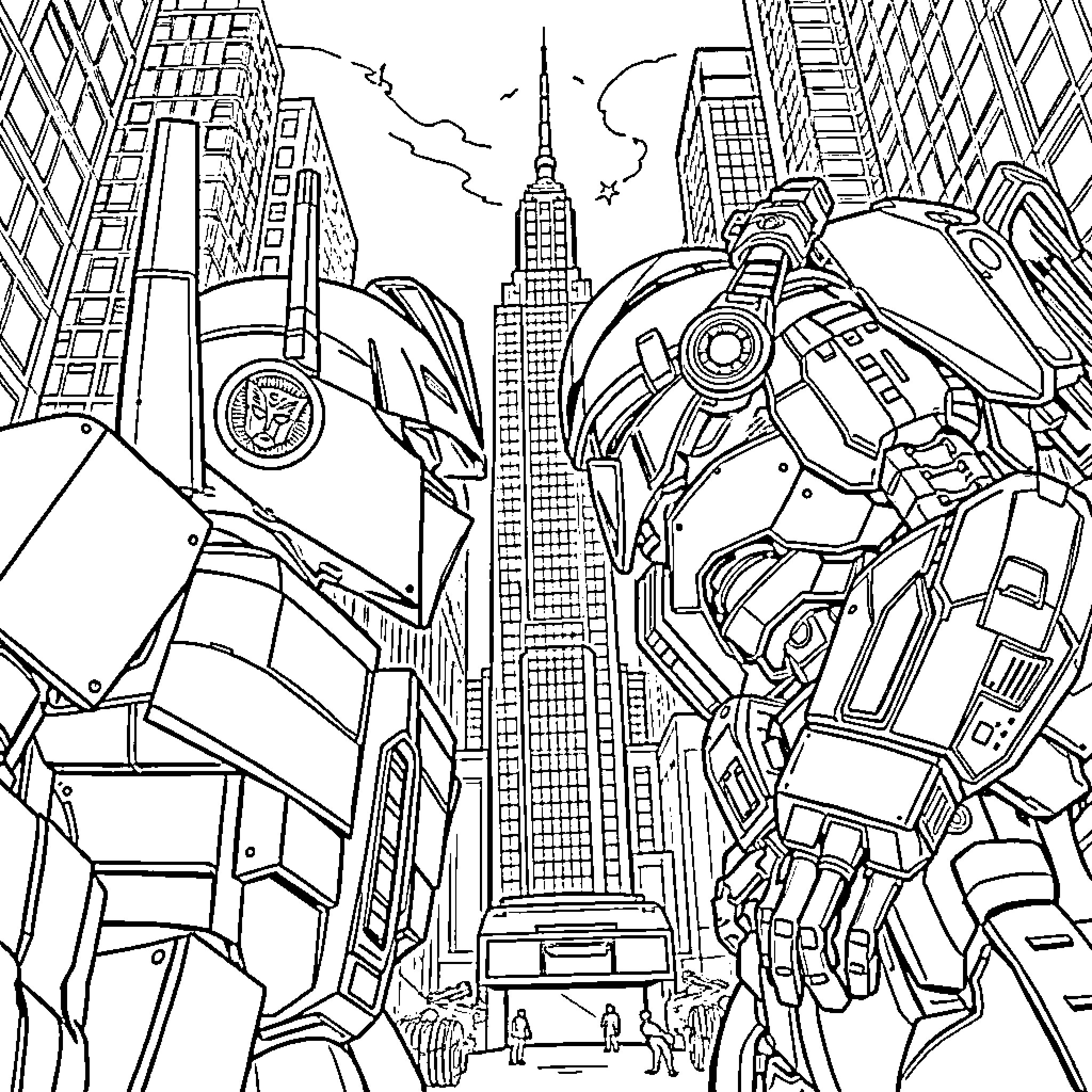Optimus Prime Battles in the Cyberpunk Metropolis Coloring Page (free black-and-white line drawing printable PDF for all, from beginners to advanced learners, including children, teens, adults, and seniors)