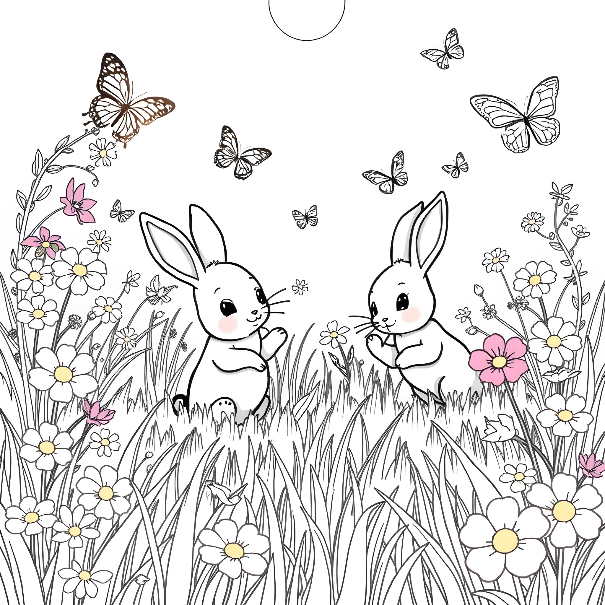 Bunny friends explore a floral meadow Coloring Page (free black-and-white line drawing printable PDF for all, from beginners to advanced learners, including children, teens, adults, and seniors)