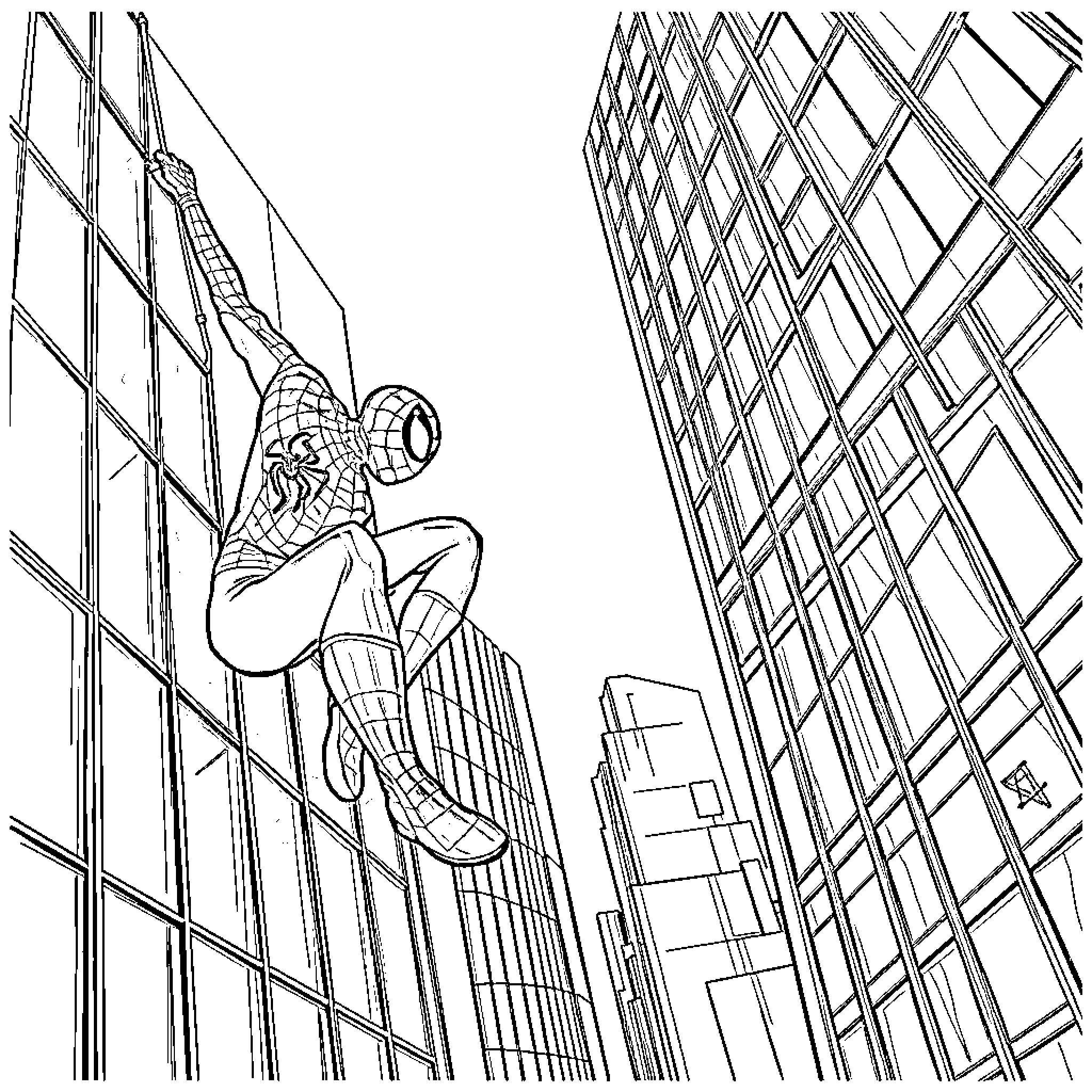 Spiderman climbing the skyscrapers Coloring Page (free black-and-white line drawing printable PDF for all, from beginners to advanced learners, including children, teens, adults, and seniors)