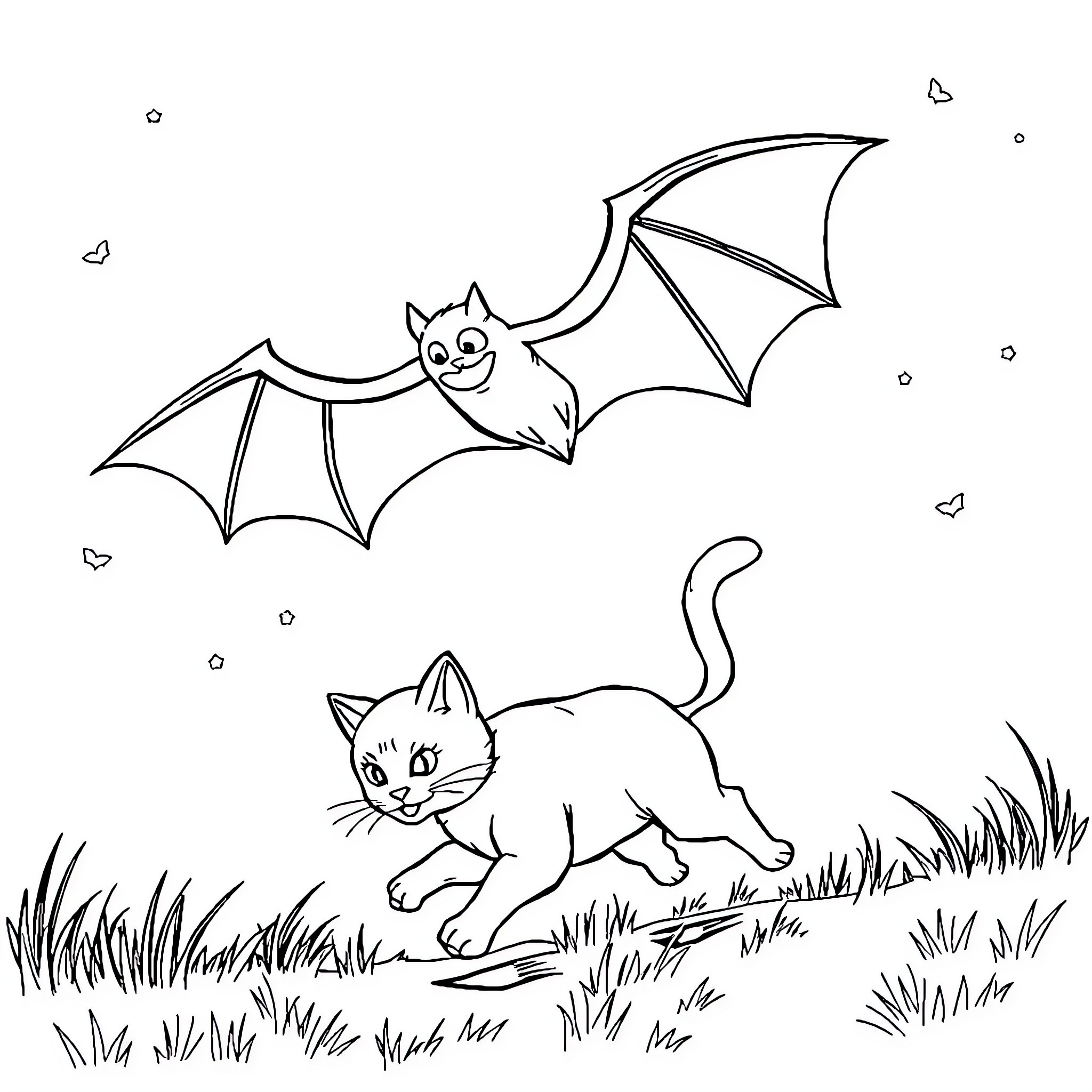 Bat chasing playful cat in grassy field Coloring Page (free black-and-white line drawing printable PDF for all, from beginners to advanced learners, including children, teens, adults, and seniors)
