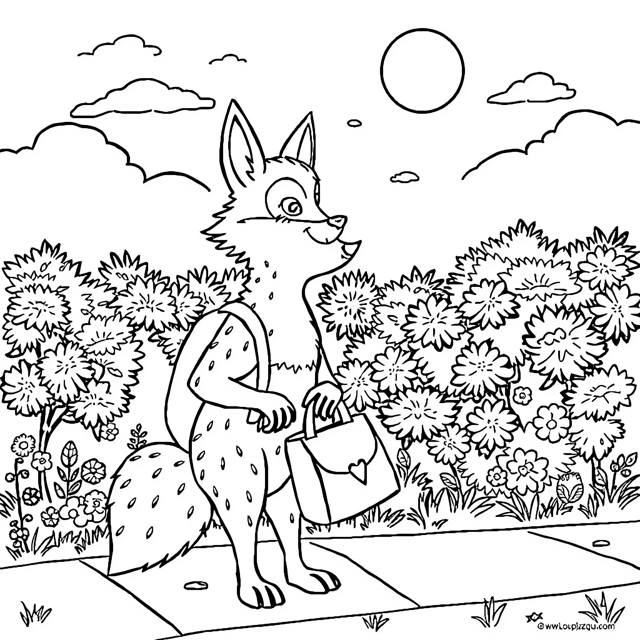 Wolf exploring a vibrant floral landscape Coloring Page (free black-and-white line drawing printable PDF for all, from beginners to advanced learners, including children, teens, adults, and seniors)