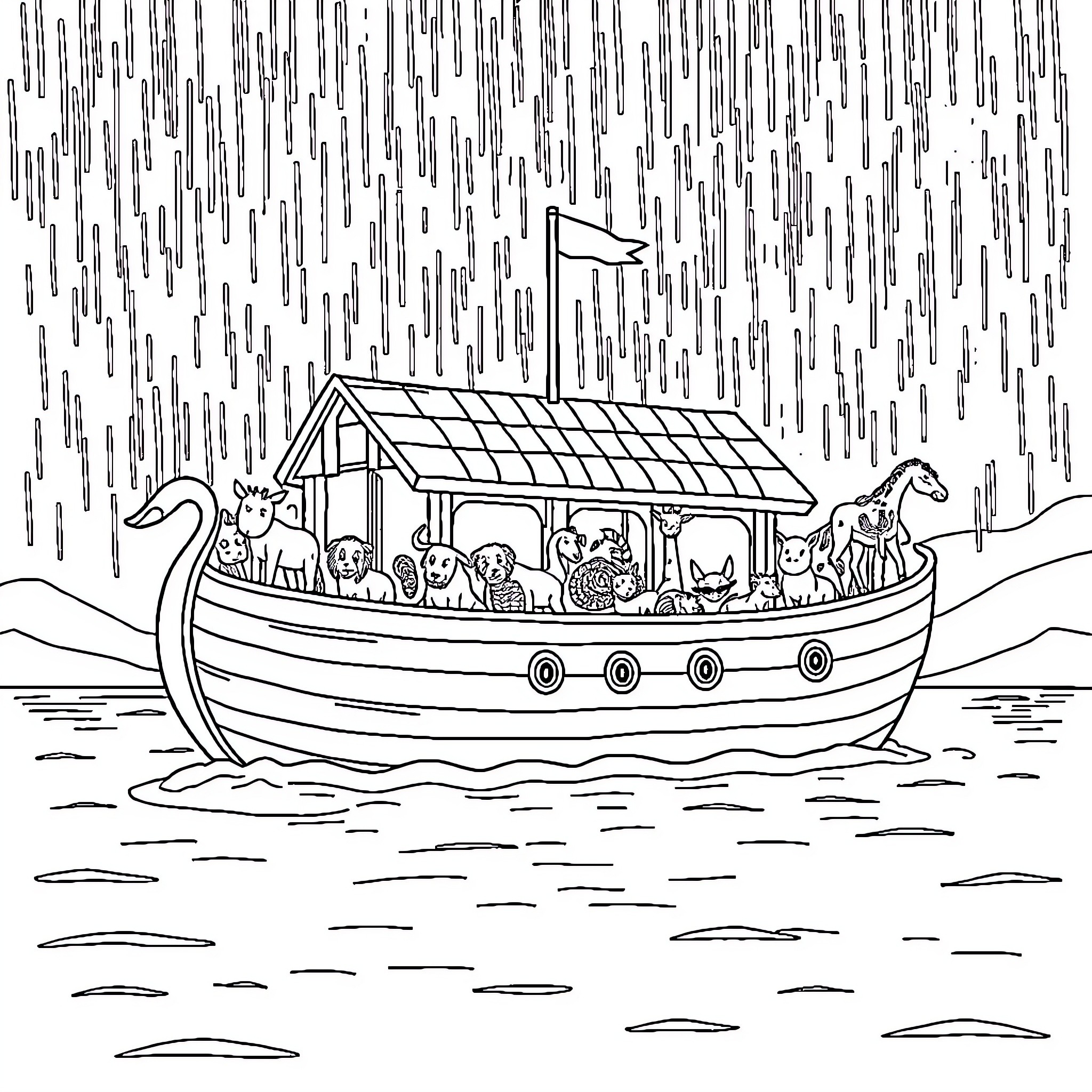 Noah's Ark Sailing Through the Stormy Seas Coloring Page (free black-and-white line drawing printable PDF for all, from beginners to advanced learners, including children, teens, adults, and seniors)