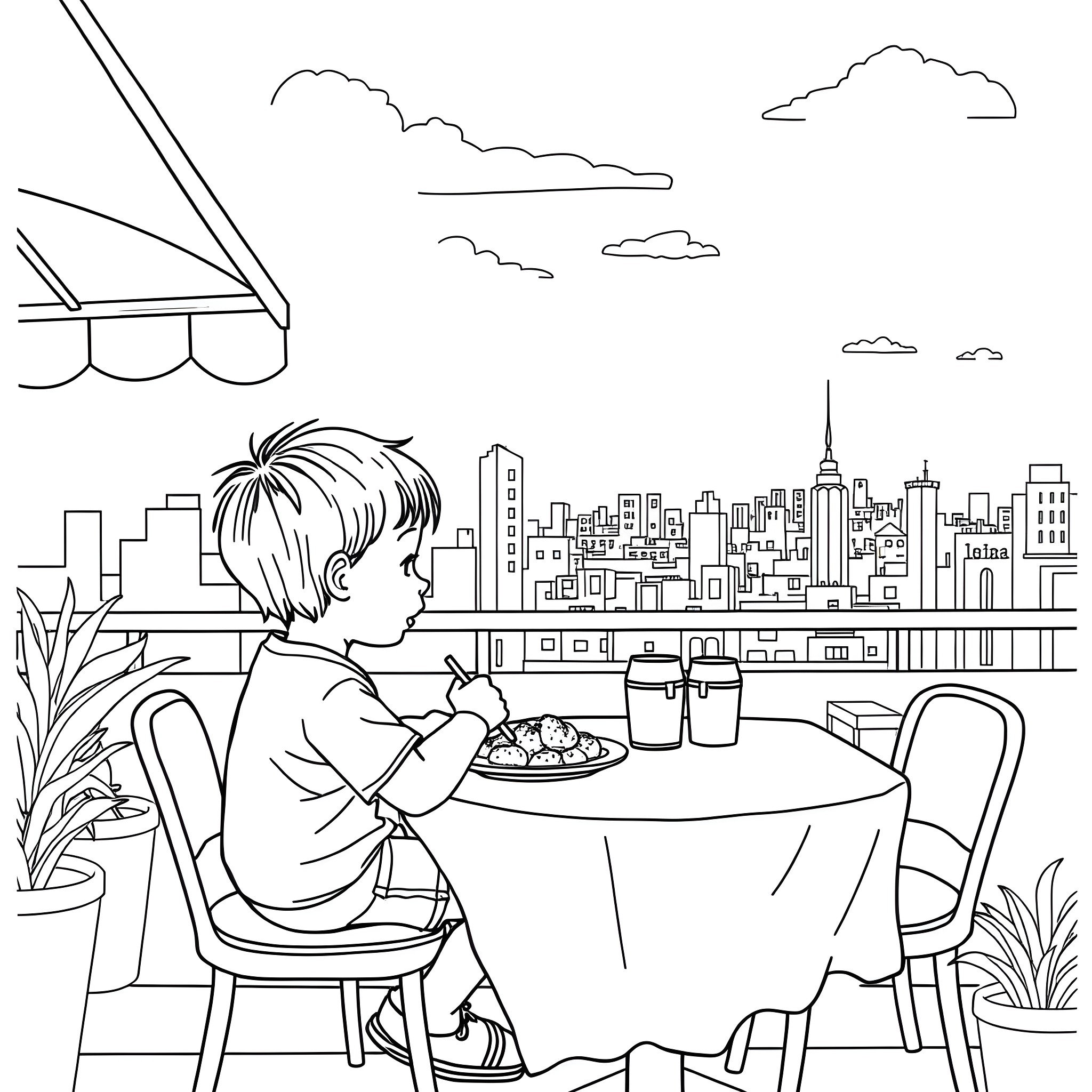 Kid enjoying a meal on the balcony with a cityscape view Coloring Page (free black-and-white line drawing printable PDF for all, from beginners to advanced learners, including children, teens, adults, and seniors)