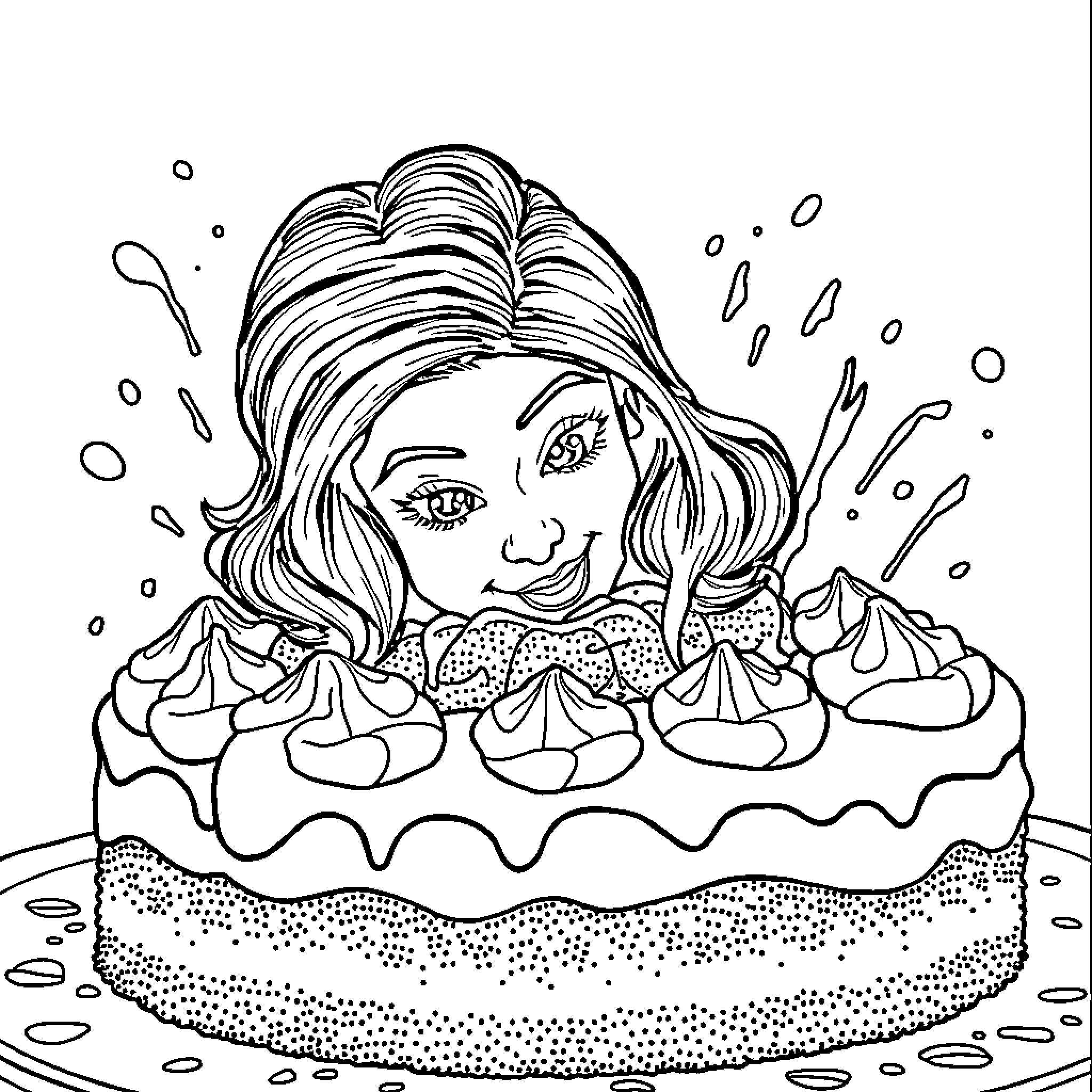 Woman enjoying a delightful dessert Coloring Page (free black-and-white line drawing printable PDF for all, from beginners to advanced learners, including children, teens, adults, and seniors)