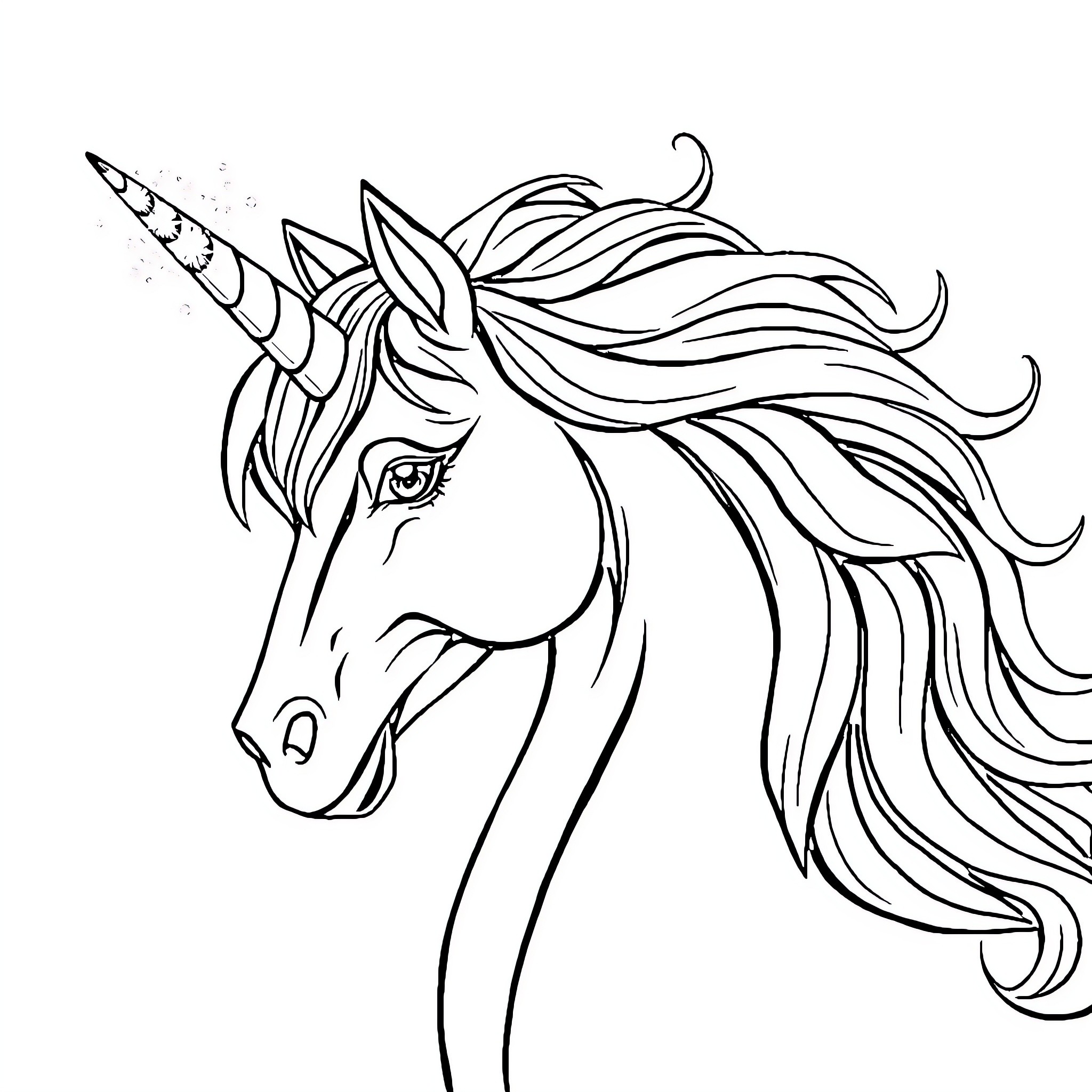 Unicorn with Flowing Mane and Horn Coloring Page (free black-and-white line drawing printable PDF for all, from beginners to advanced learners, including children, teens, adults, and seniors)