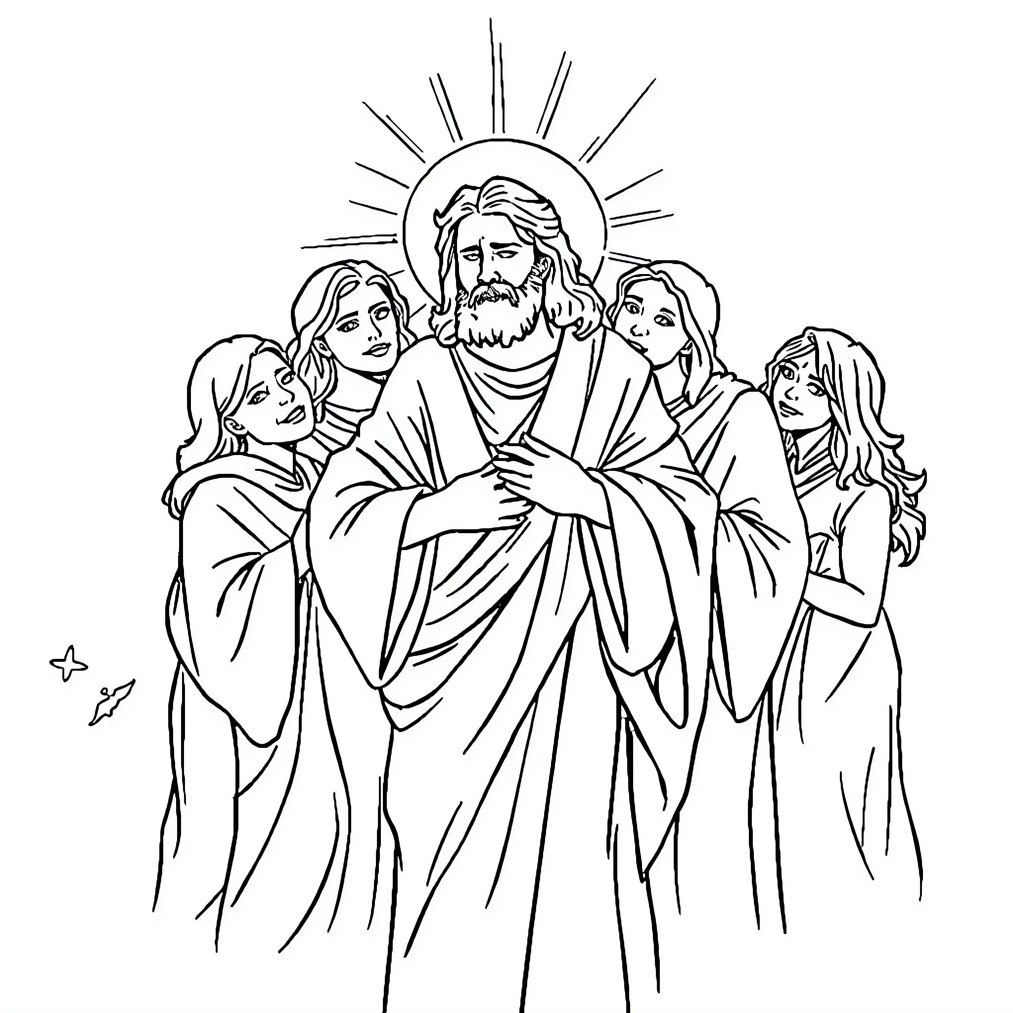 Jesus surrounded by adoring disciples Coloring Page (free black-and-white line drawing printable PDF for all, from beginners to advanced learners, including children, teens, adults, and seniors)