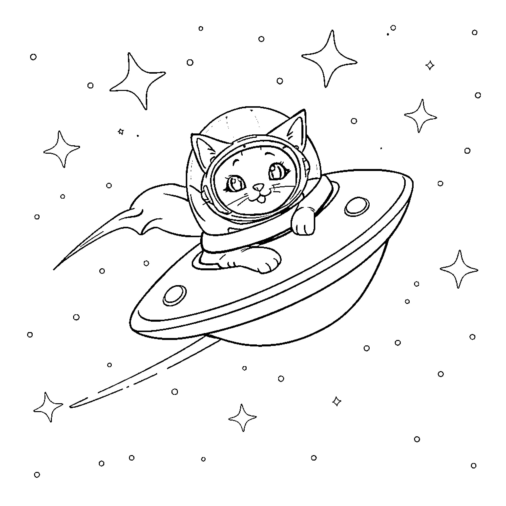 Cat Astronaut Exploring the Starry Galaxy Coloring Page (free black-and-white line drawing printable PDF for all, from beginners to advanced learners, including children, teens, adults, and seniors)