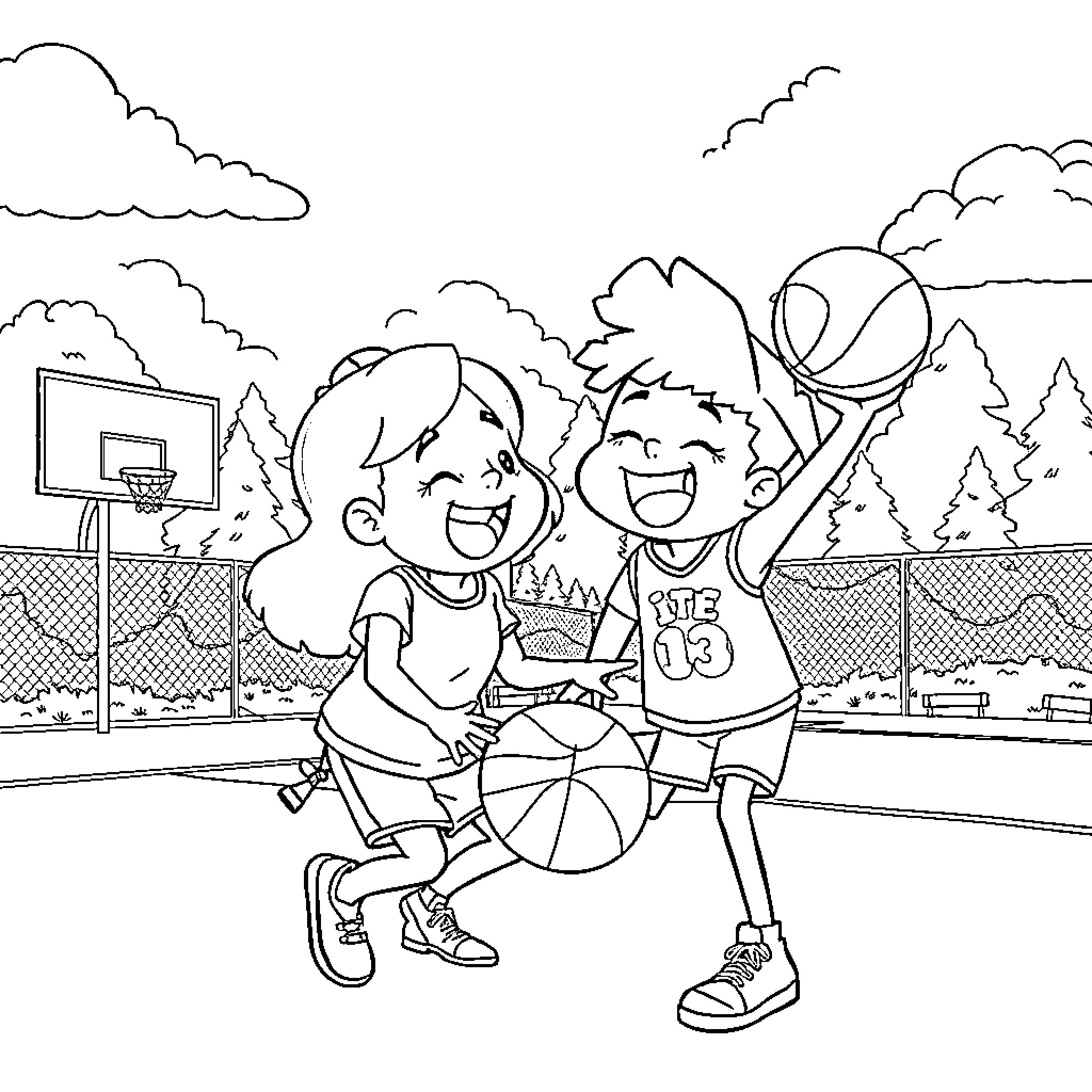 Gravity Falls: Two friends playing basketball joyfully Coloring Page (free black-and-white line drawing printable PDF for all, from beginners to advanced learners, including children, teens, adults, and seniors)
