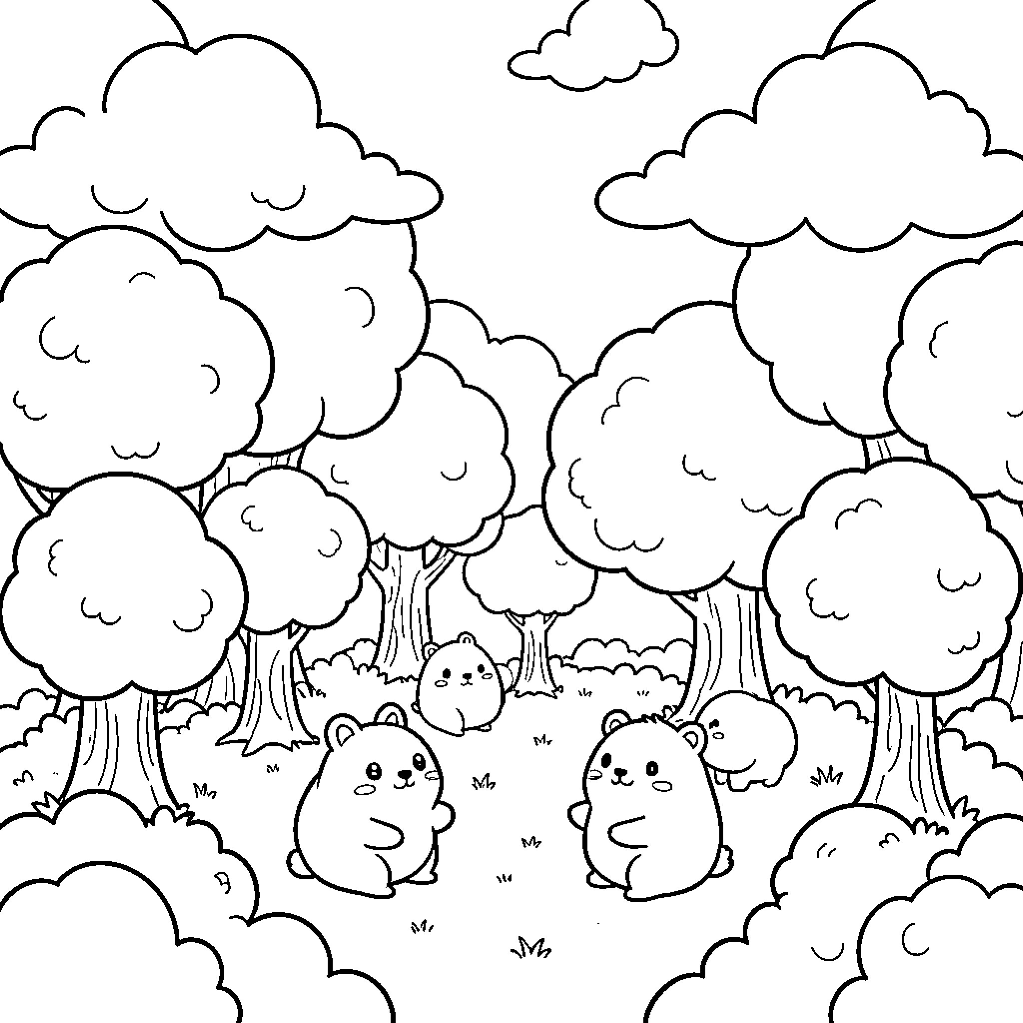 Bubble animals sitting together in a forest Coloring Page (free black-and-white line drawing printable PDF for all, from beginners to advanced learners, including children, teens, adults, and seniors)
