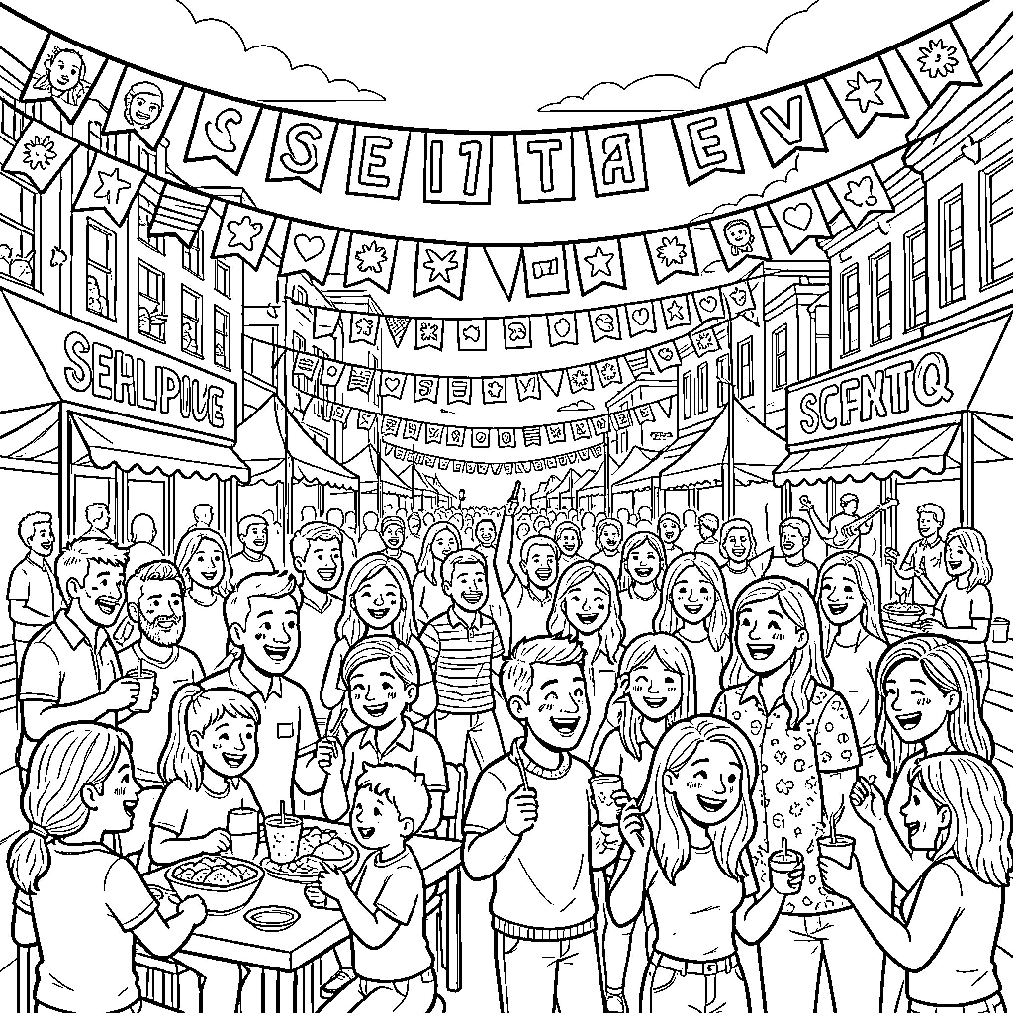 Festival of lively celebration in vibrant community Coloring Page (free black-and-white line drawing printable PDF for all, from beginners to advanced learners, including children, teens, adults, and seniors)