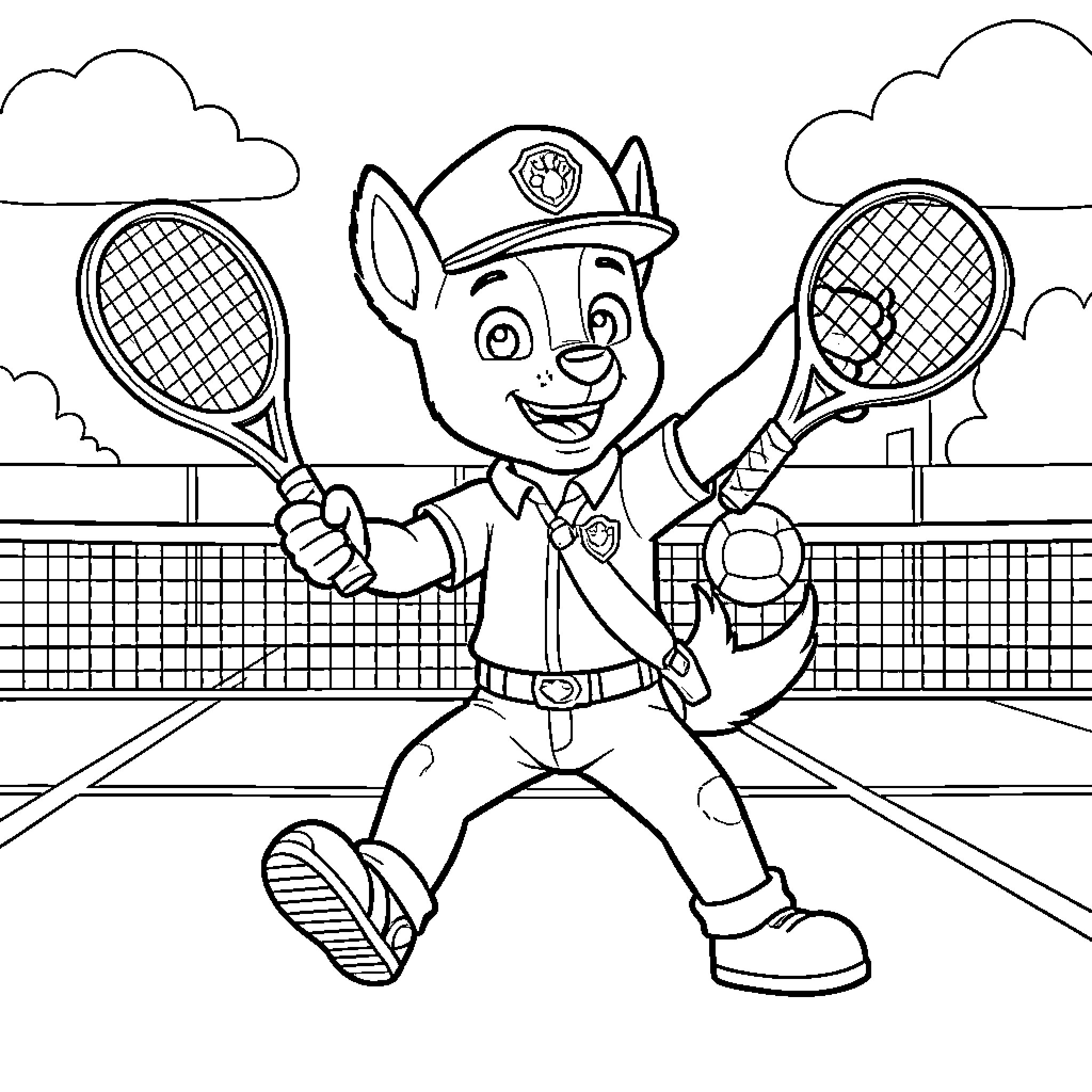 Marshall Playing Tennis Happily on the Court Coloring Page (free black-and-white line drawing printable PDF for all, from beginners to advanced learners, including children, teens, adults, and seniors)