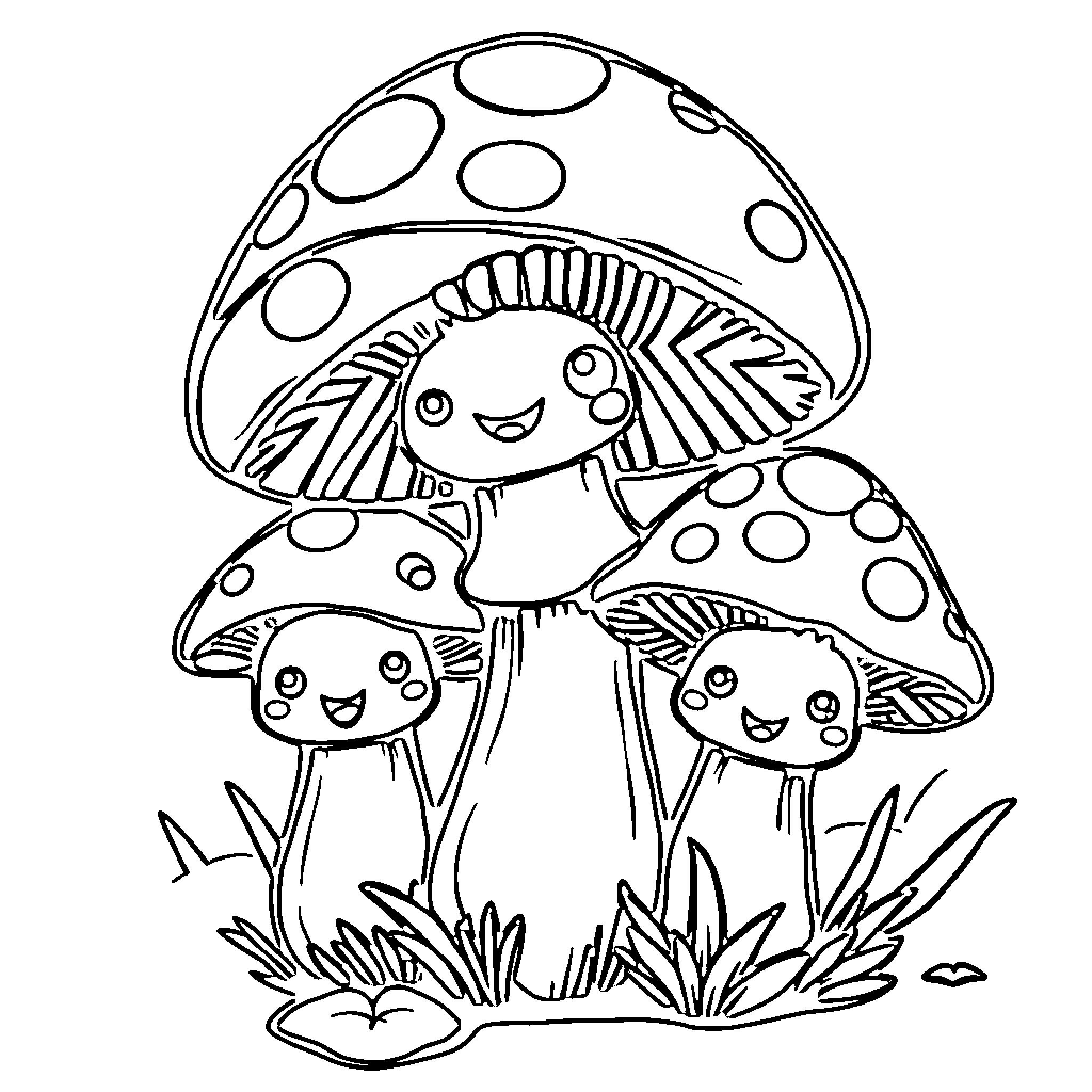 Mushroom friends enjoying a playful scene Coloring Page (free black-and-white line drawing printable PDF for all, from beginners to advanced learners, including children, teens, adults, and seniors)