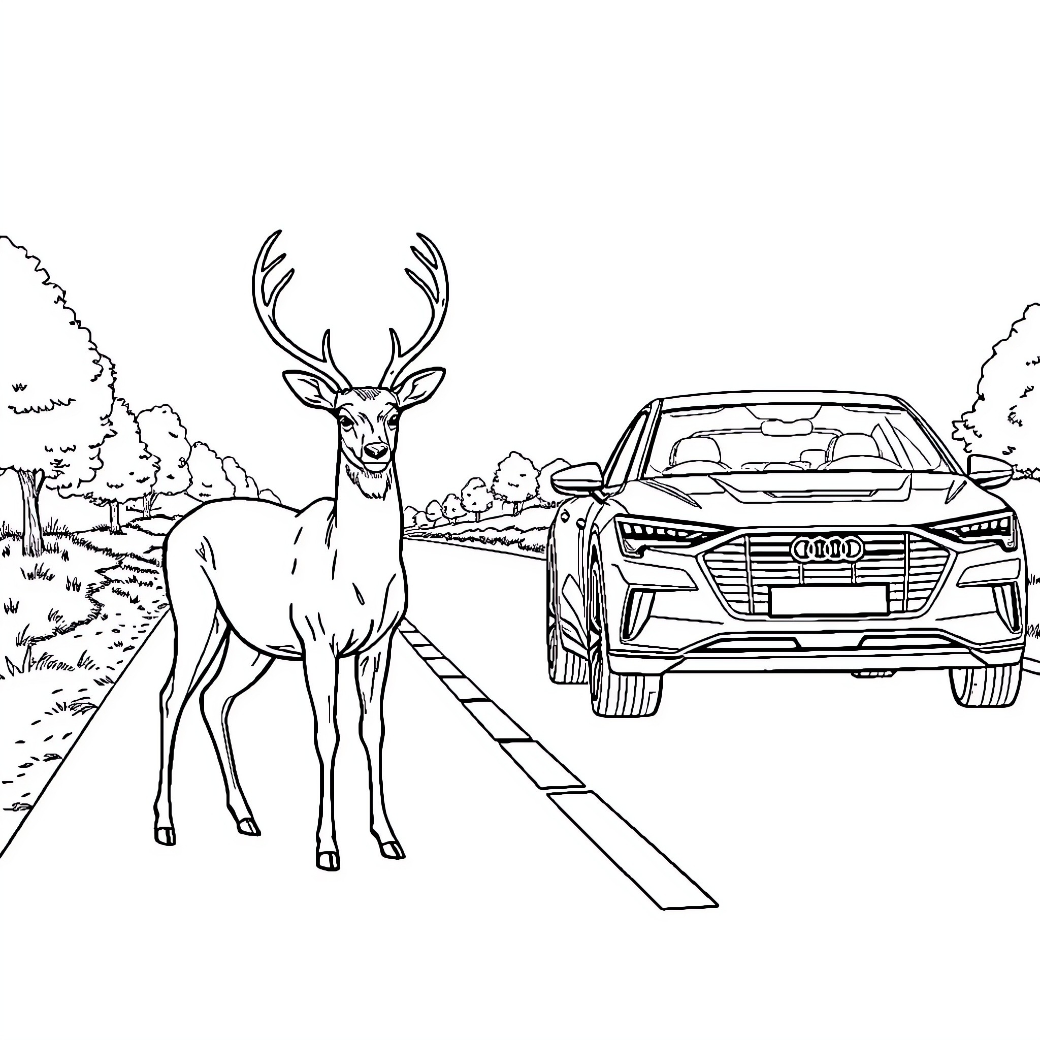 Deer Crossing the Road Ahead of a Vehicle Coloring Page (free black-and-white line drawing printable PDF for all, from beginners to advanced learners, including children, teens, adults, and seniors)