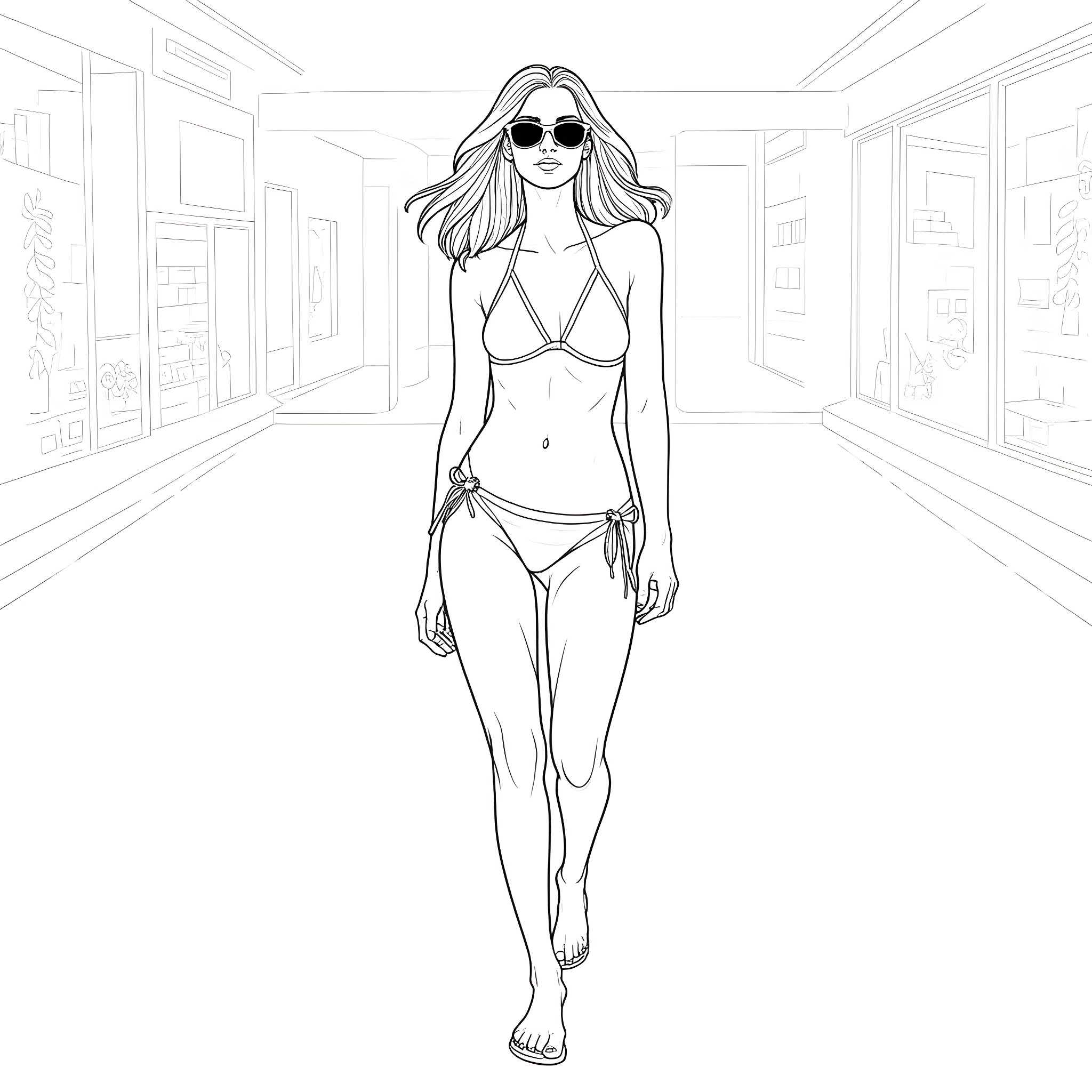 Male model in bikini walking through hallway Coloring Page (free black-and-white line drawing printable PDF for all, from beginners to advanced learners, including children, teens, adults, and seniors)