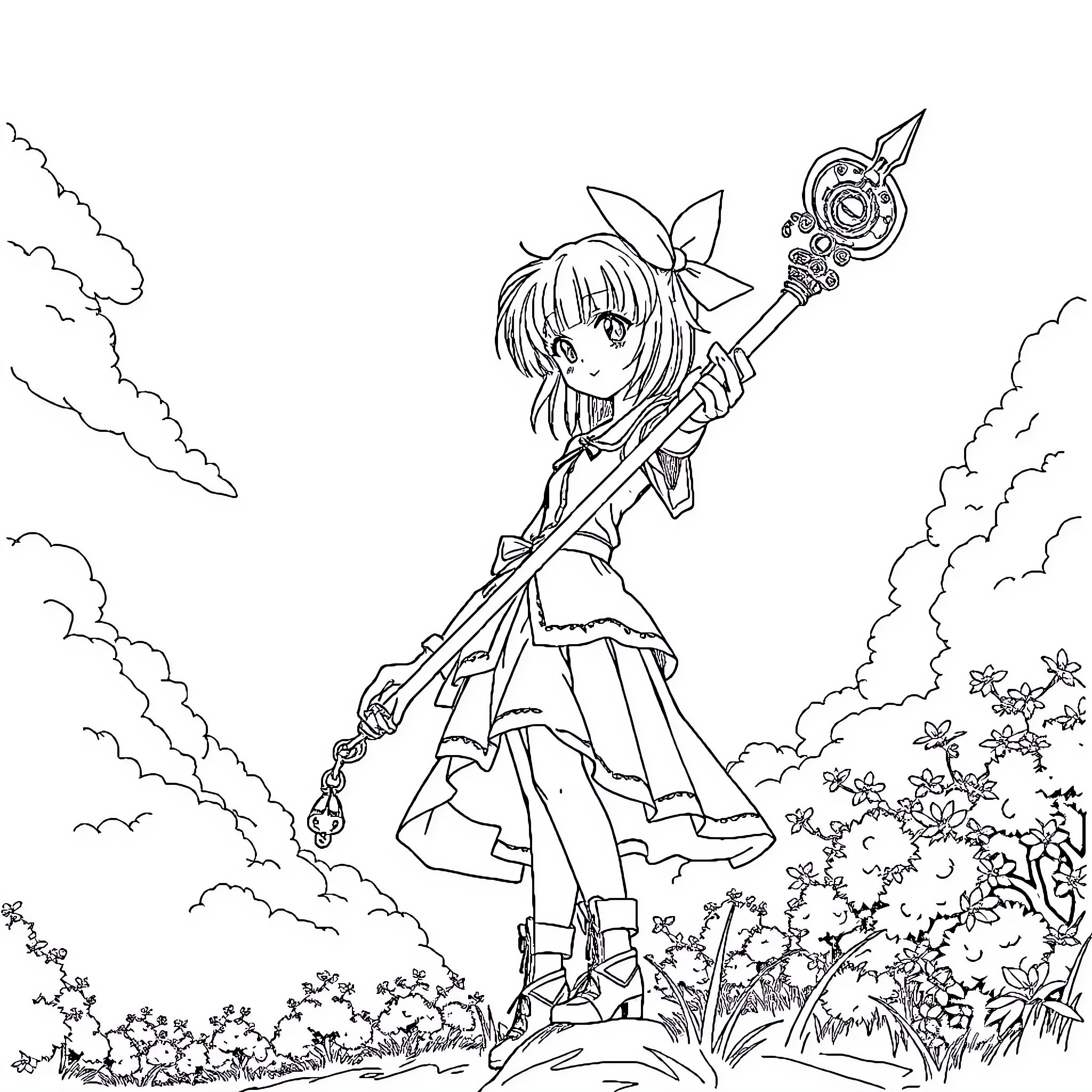Sakura Anime Girl Wields Magical Weapon in Outdoor Scene Coloring Page (free black-and-white line drawing printable PDF for all, from beginners to advanced learners, including children, teens, adults, and seniors)