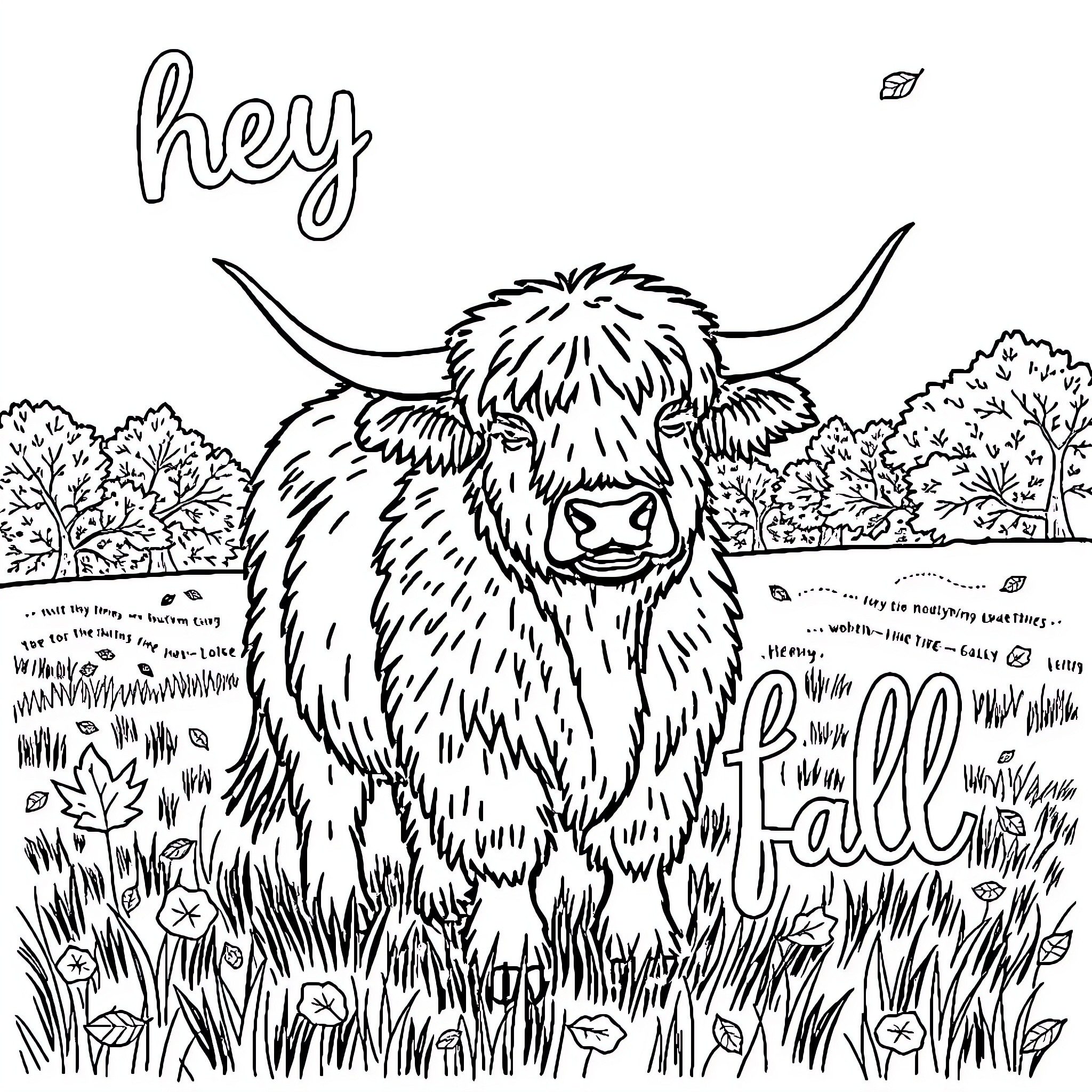 Highland Cow relaxing in the countryside Coloring Page (free black-and-white line drawing printable PDF for all, from beginners to advanced learners, including children, teens, adults, and seniors)