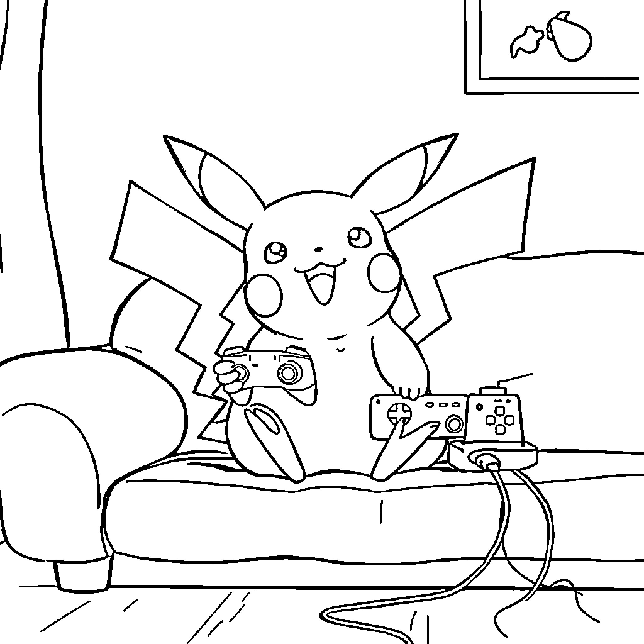 Pikachu playing video games in a cozy room Coloring Page (free black-and-white line drawing printable PDF for all, from beginners to advanced learners, including children, teens, adults, and seniors)