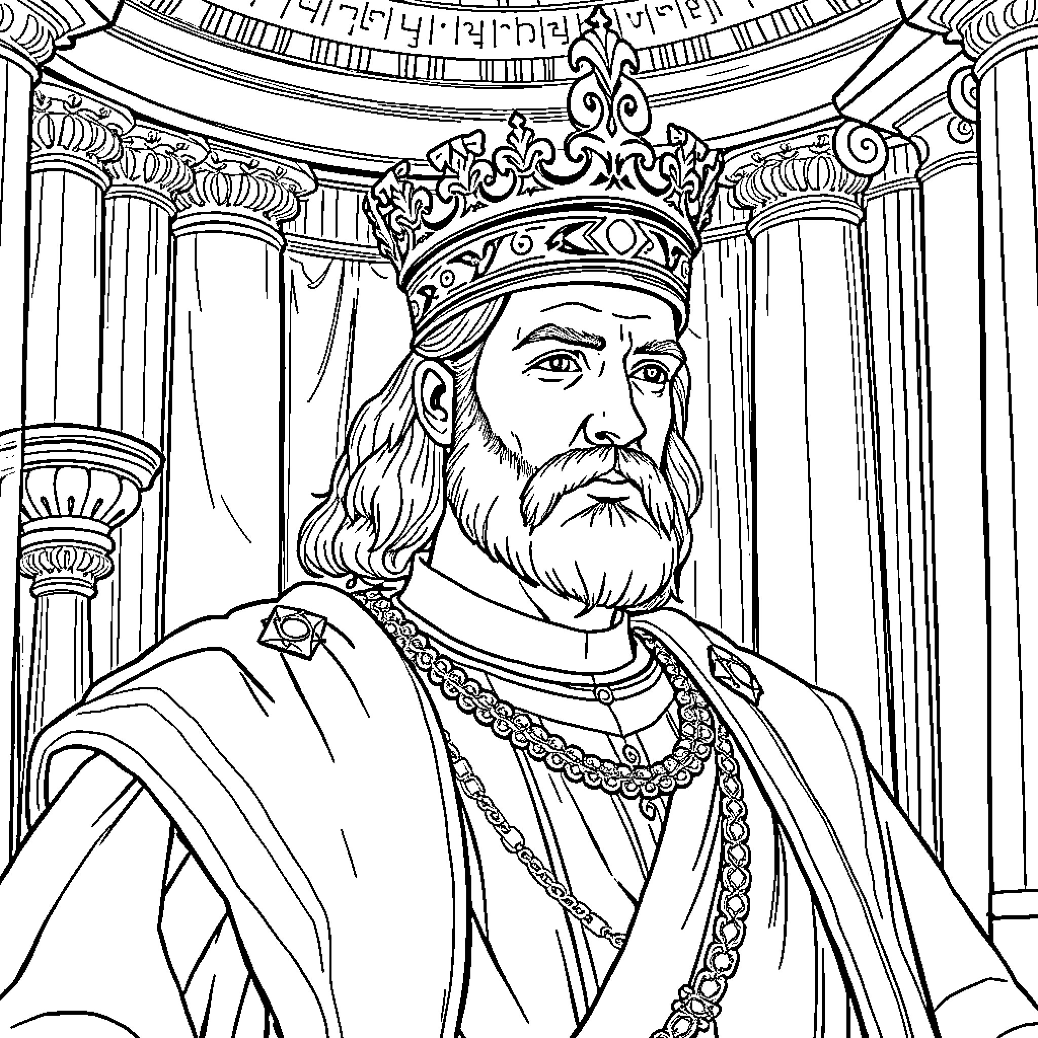 Njegos II - Regal Portrait of a Crowned Ruler Coloring Page (free black-and-white line drawing printable PDF for all, from beginners to advanced learners, including children, teens, adults, and seniors)