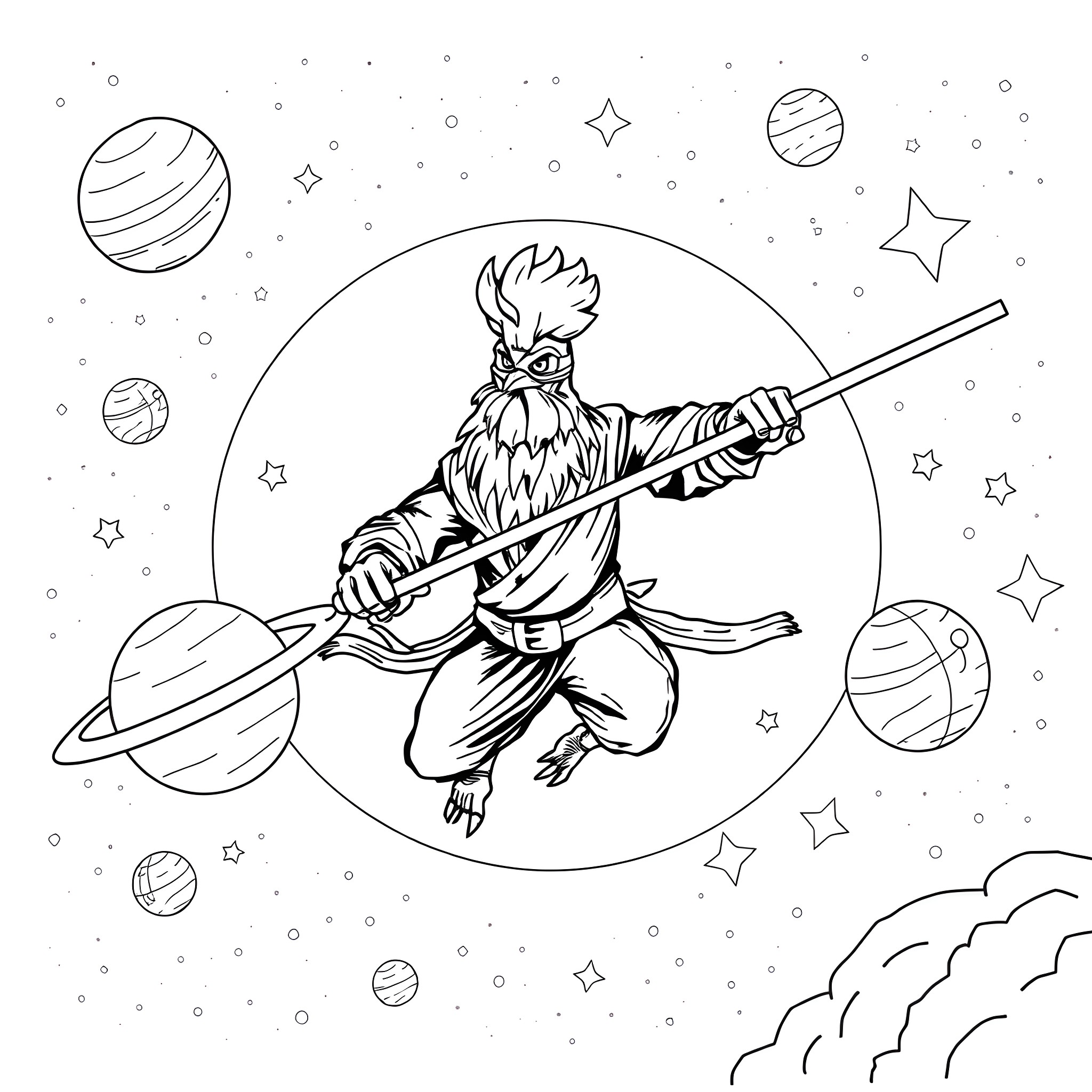Rooster-like warrior wielding staff in cosmic battle Coloring Page (free black-and-white line drawing printable PDF for all, from beginners to advanced learners, including children, teens, adults, and seniors)