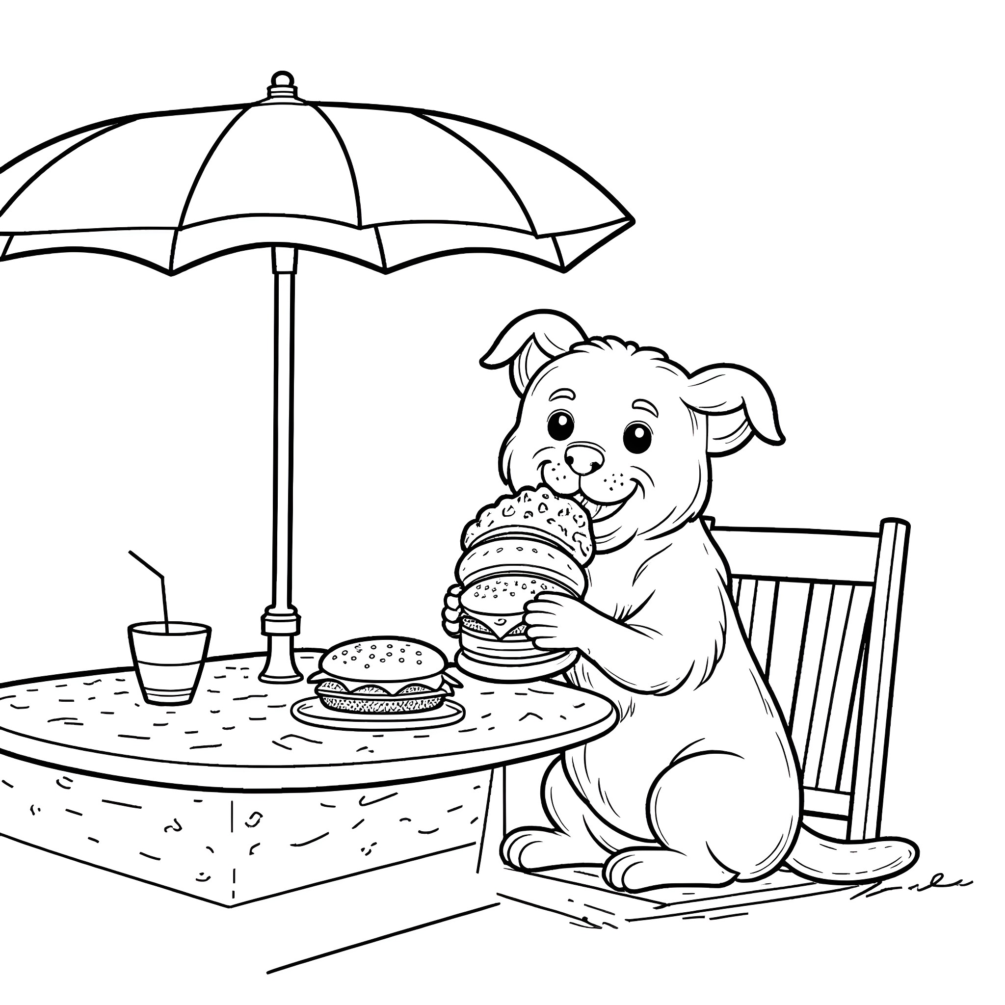 Dog enjoying a burger under a patio umbrella Coloring Page (free black-and-white line drawing printable PDF for all, from beginners to advanced learners, including children, teens, adults, and seniors)