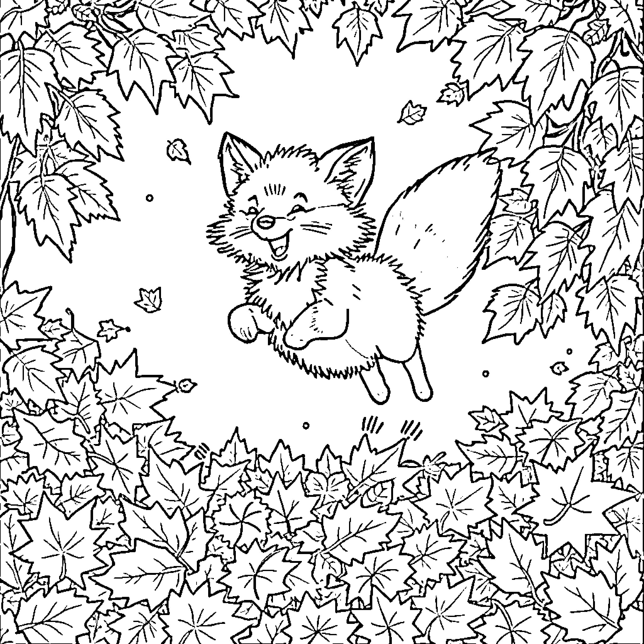 Fox playing joyfully amidst autumn leaves Coloring Page (free black-and-white line drawing printable PDF for all, from beginners to advanced learners, including children, teens, adults, and seniors)